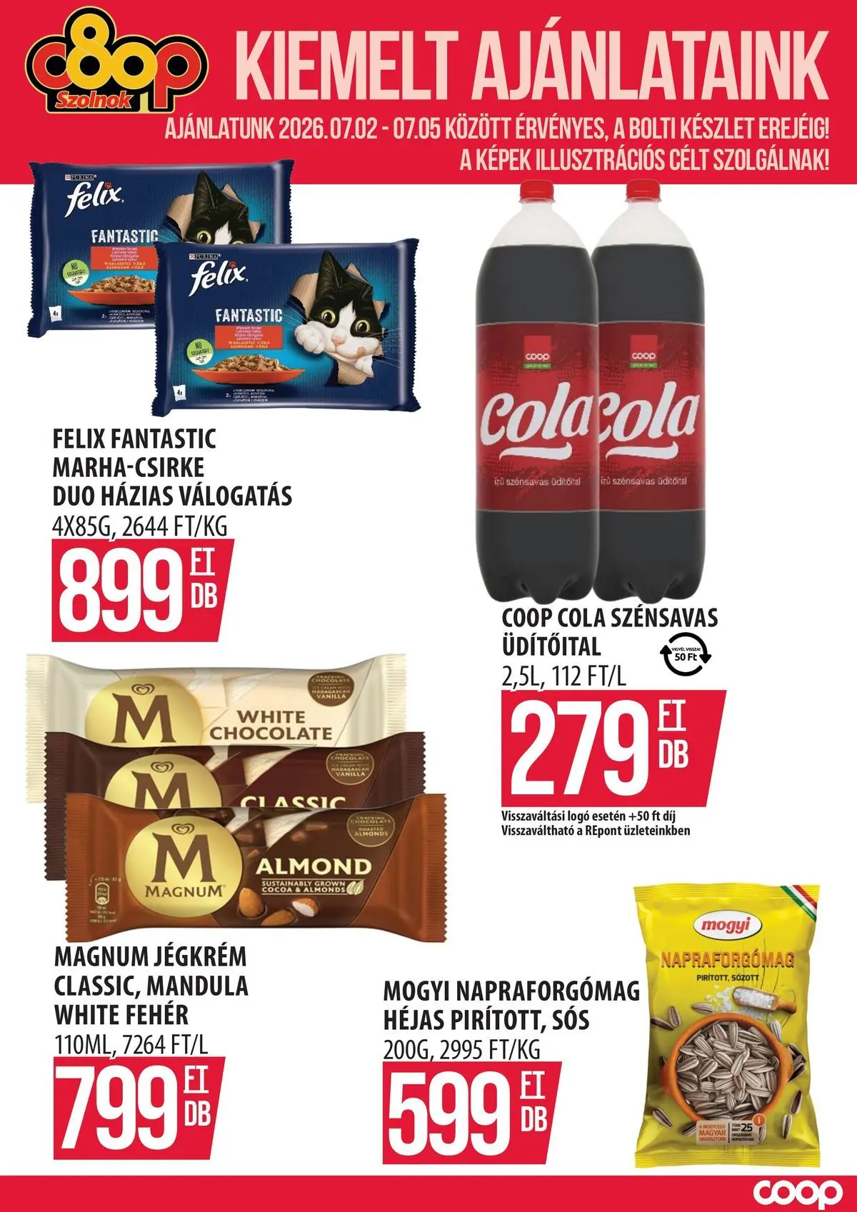 COOP Szolnok akciós újság Monorierdő - 2026.07.02. -tól/töl > akció, lapozható szórólap 🛍️ | Oldal: 1 | Termékek: Napraforgómag, Magnum, Mandula, Cola