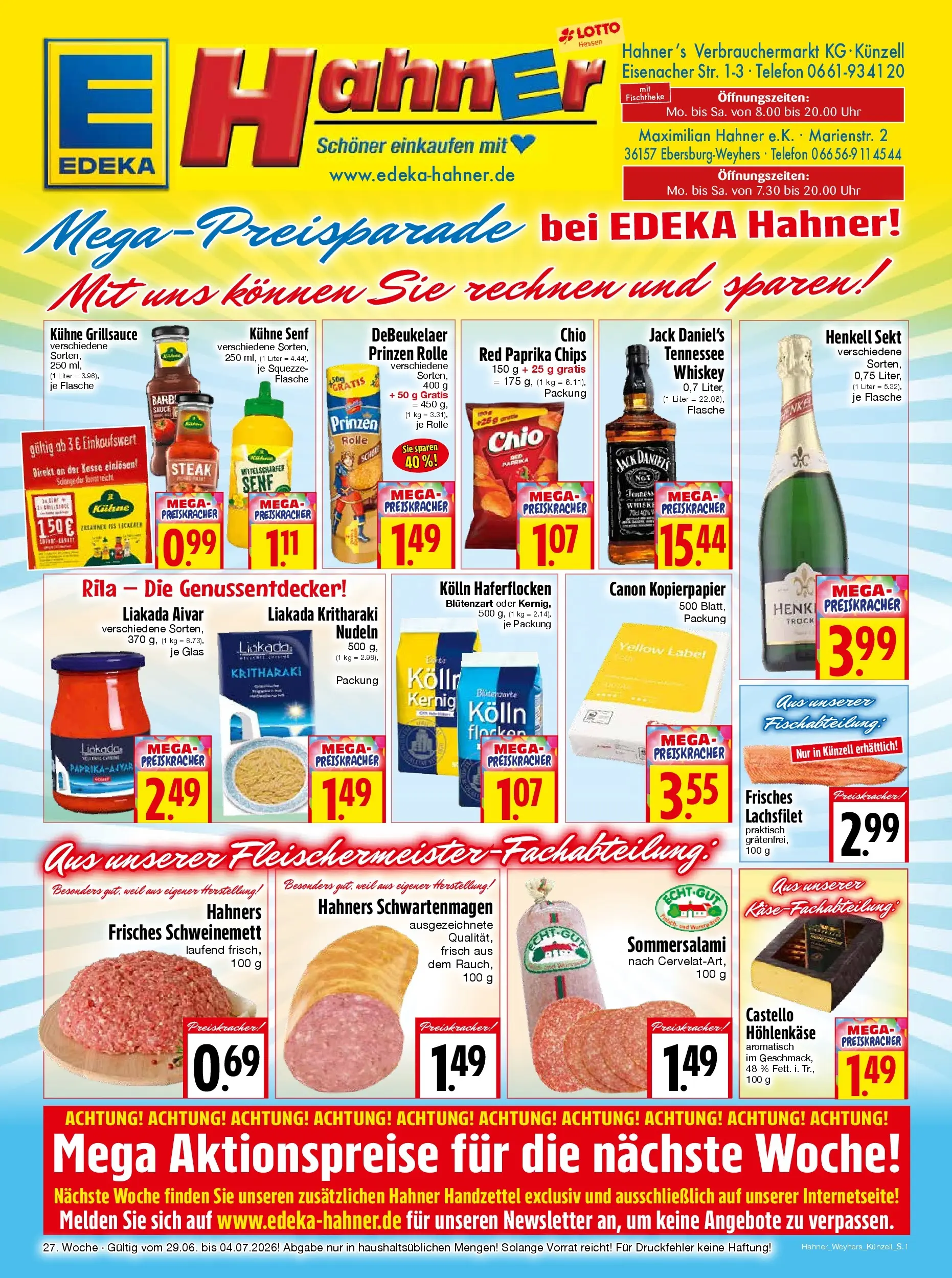 Angebote - Edeka Hahner: Wochenangebote (ab 28.06.2026) zum Blättern | Seite: 1 | Produkte: Jack Daniel's, Paprika, Whiskey, Telefon