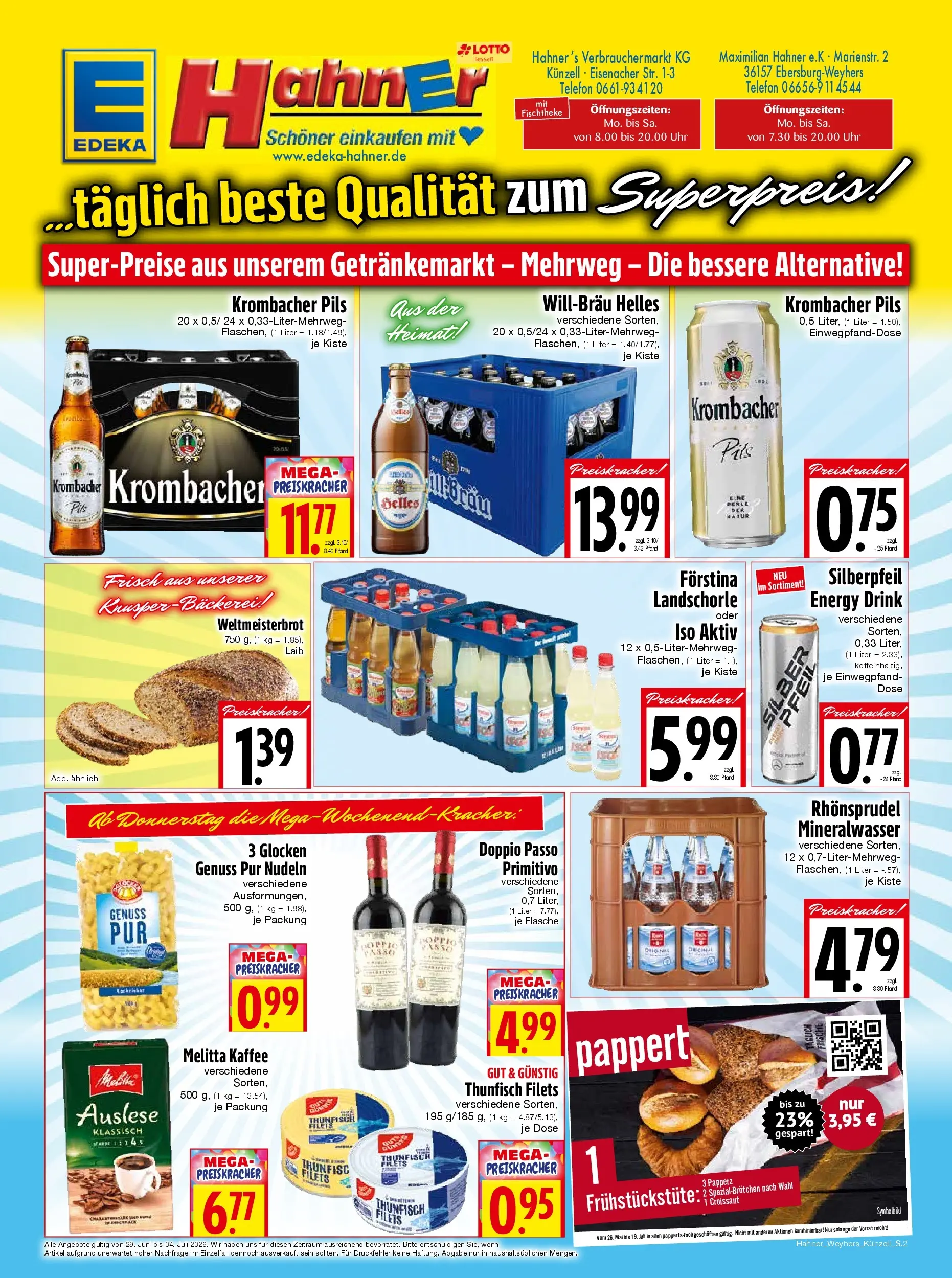 Angebote - Edeka Hahner: Wochenangebote (ab 28.06.2026) zum Blättern | Seite: 2 | Produkte: Melitta kaffee, Doppio Passo, Rhonsprudel, Nudeln