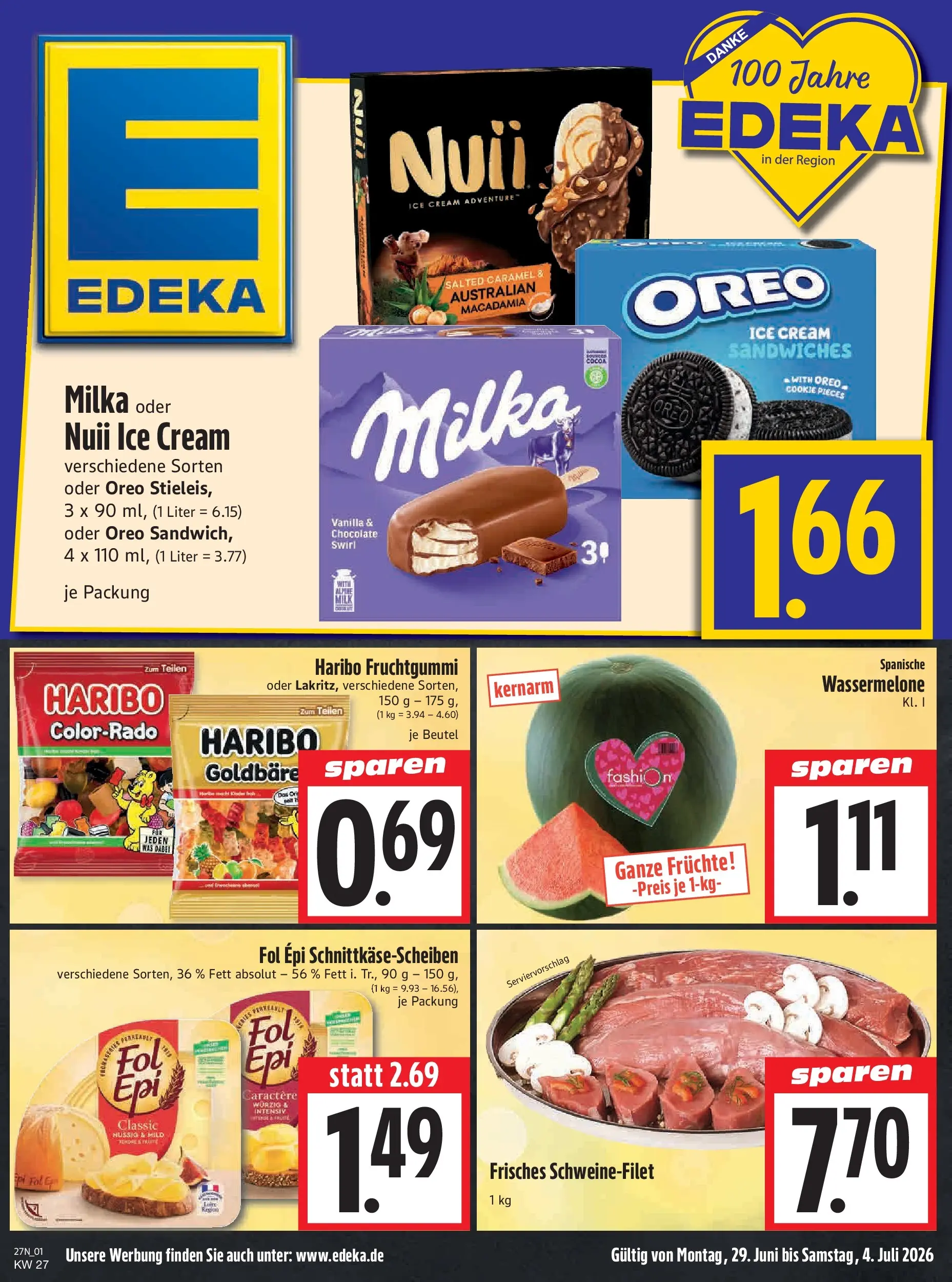 Angebote - Edeka Hahner: Wochenangebote (ab 28.06.2026) zum Blättern | Seite: 3 | Produkte: Haribo, Milka, Schweinefilet, Wassermelone
