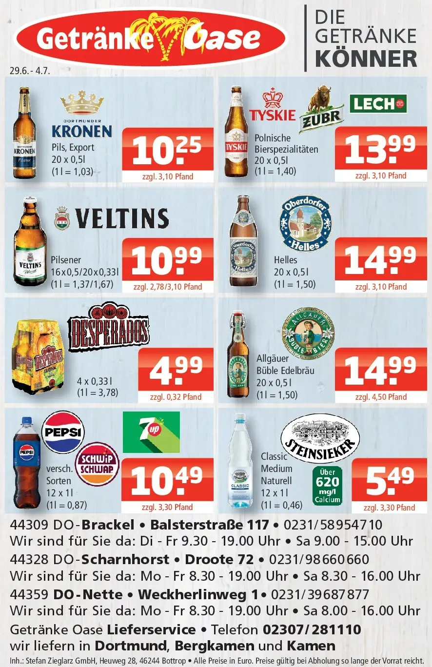 Angebote - Getränke Oase: Getränkeangebote (ab 28.06.2026) zum Blättern | Seite: 1 | Produkte: Tyskie, Desperados, Pepsi, Veltins