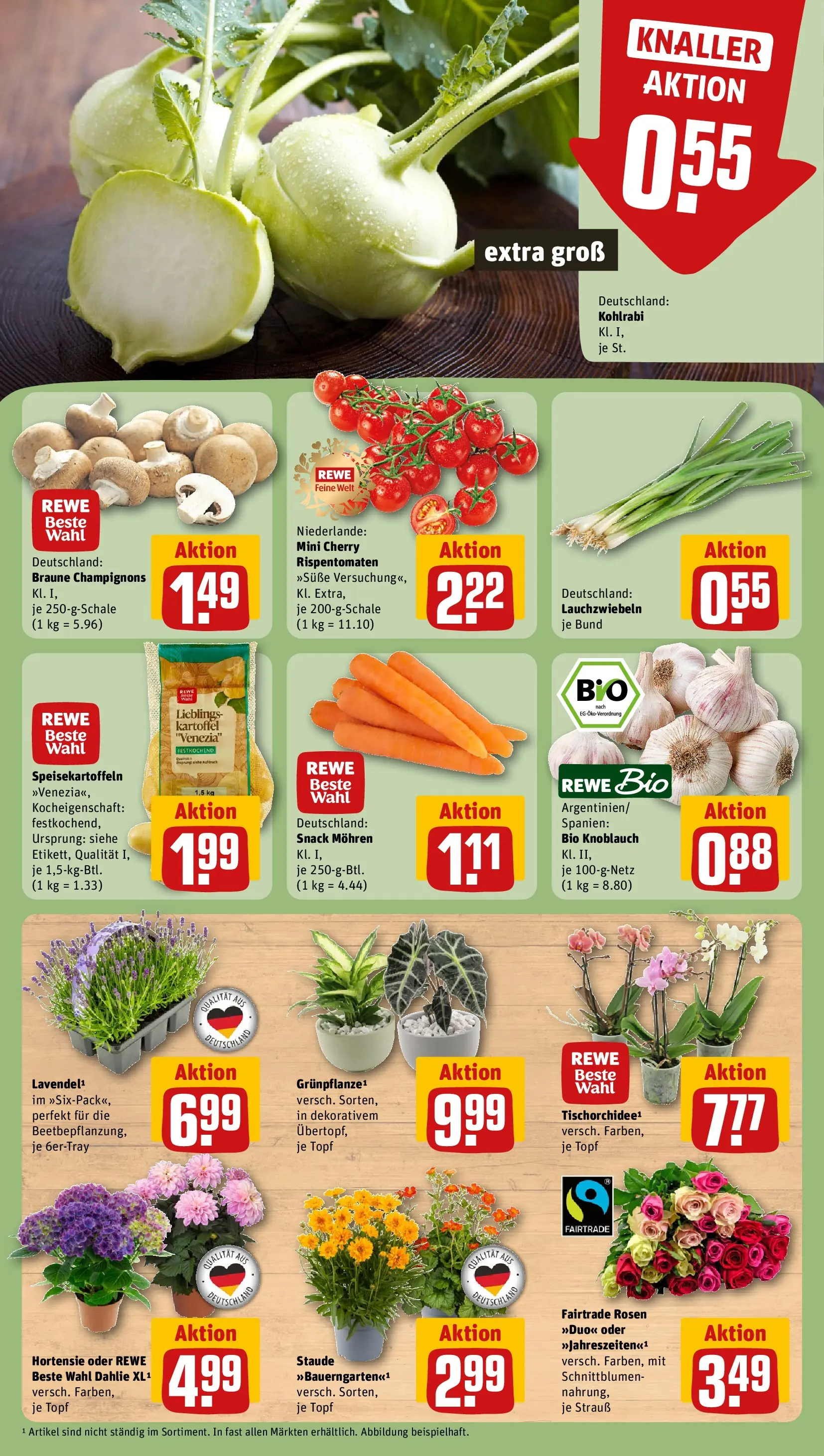 REWE Prospekt ab 28.06.2026 zum Blättern » Angebote | Seite: 9 | Produkte: Kohlrabi, Mohren, Champignons, Knoblauch