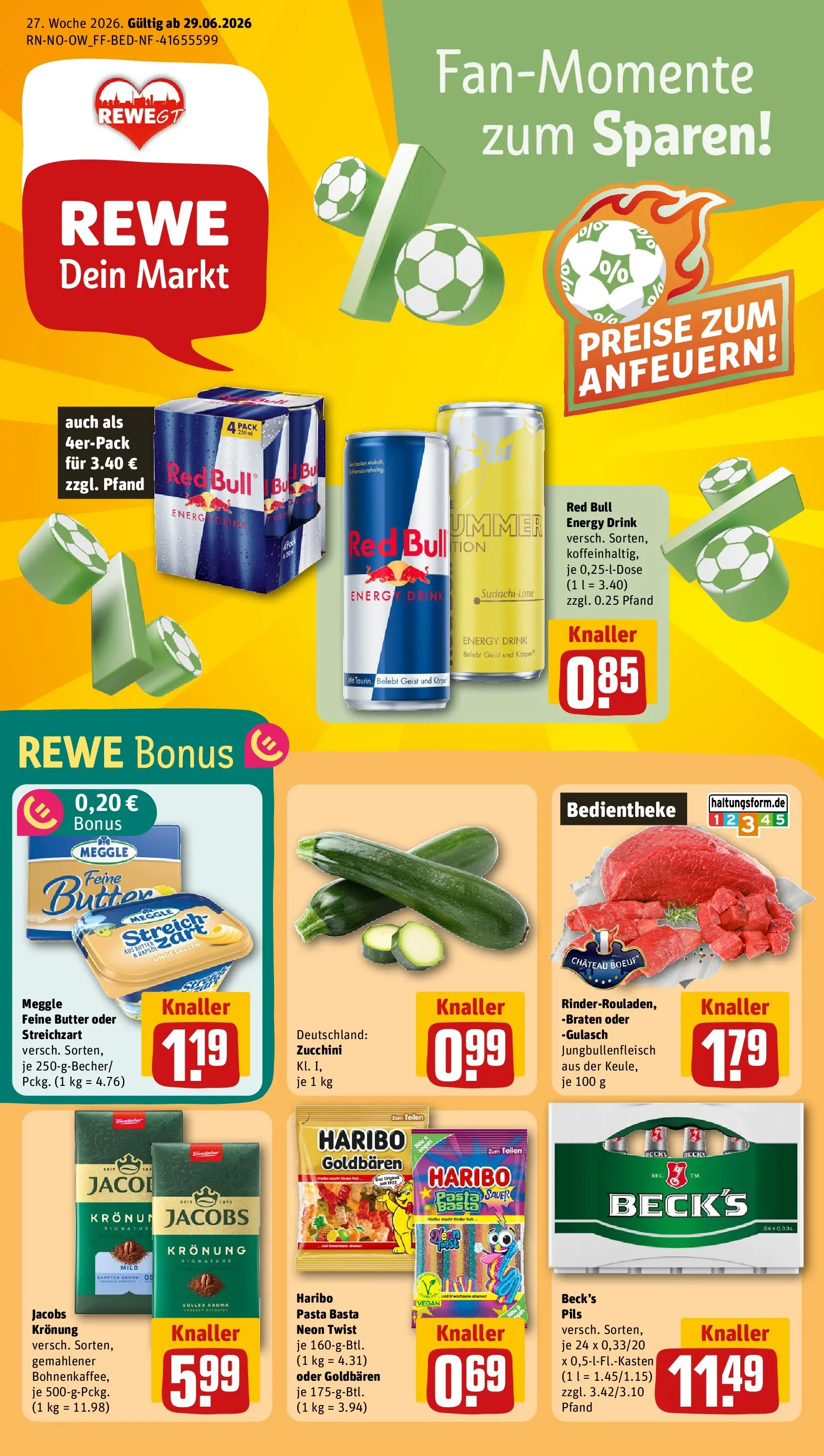 REWE Prospekt ab 28.06.2026 zum Blättern » Angebote | Seite: 1 | Produkte: Red bull, Haribo, Pils, Gulasch