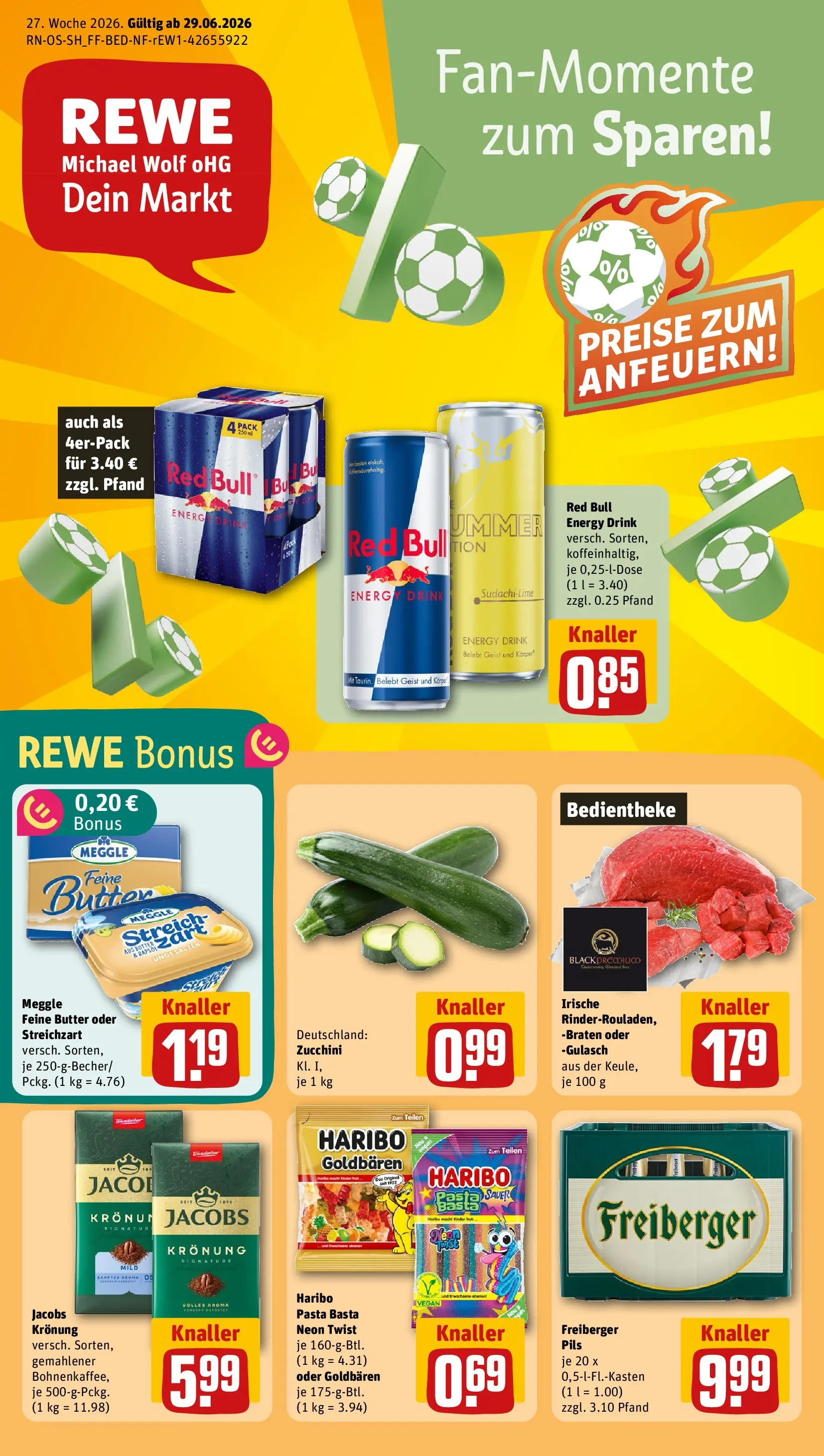 REWE Prospekt ab 28.06.2026 zum Blättern » Angebote | Seite: 1 | Produkte: Red bull, Energy, Gulasch, Pasta
