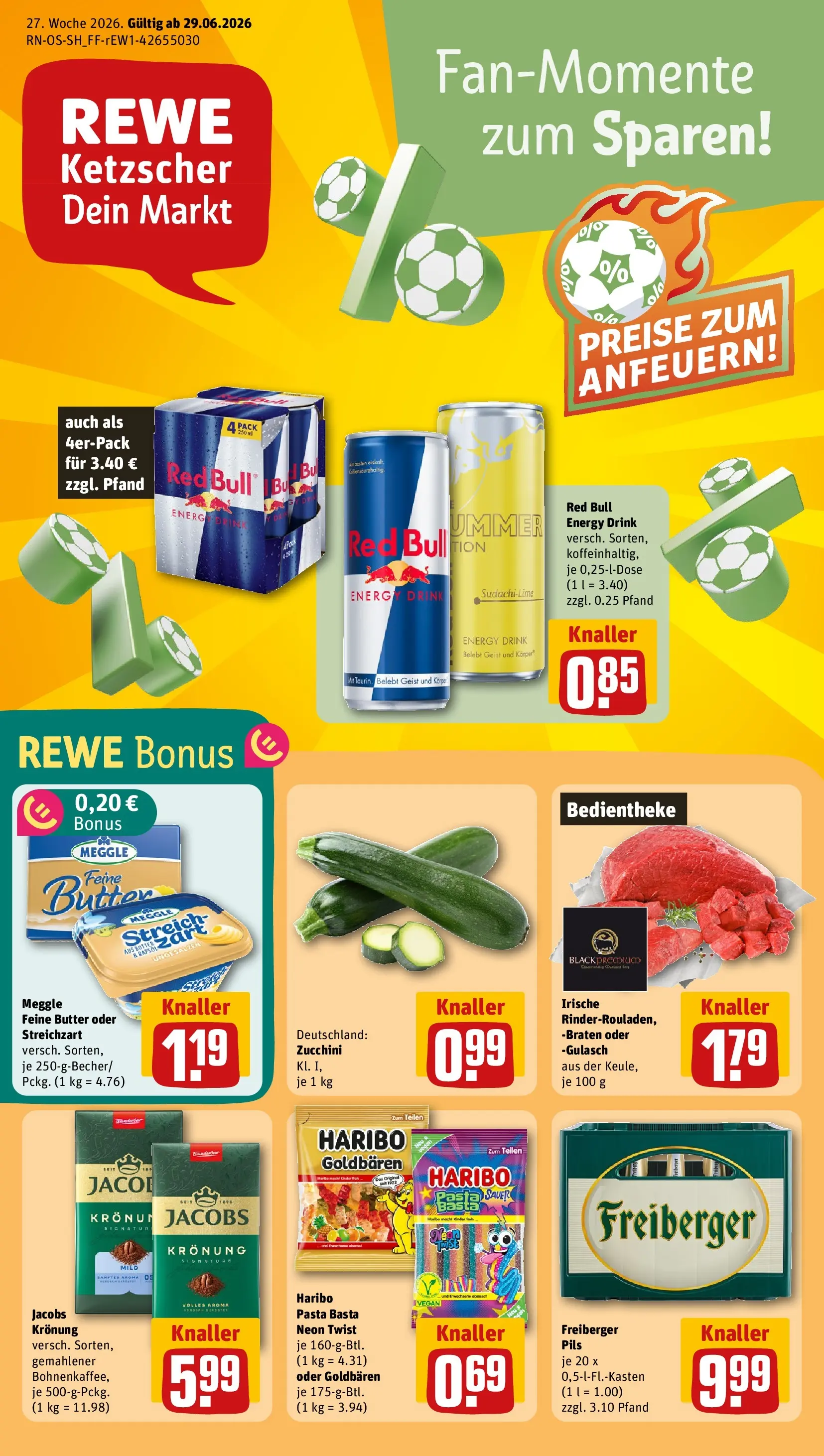 REWE Prospekt ab 28.06.2026 zum Blättern » Angebote | Seite: 1 | Produkte: Haribo, Rapsöl, Pils, Zucchini