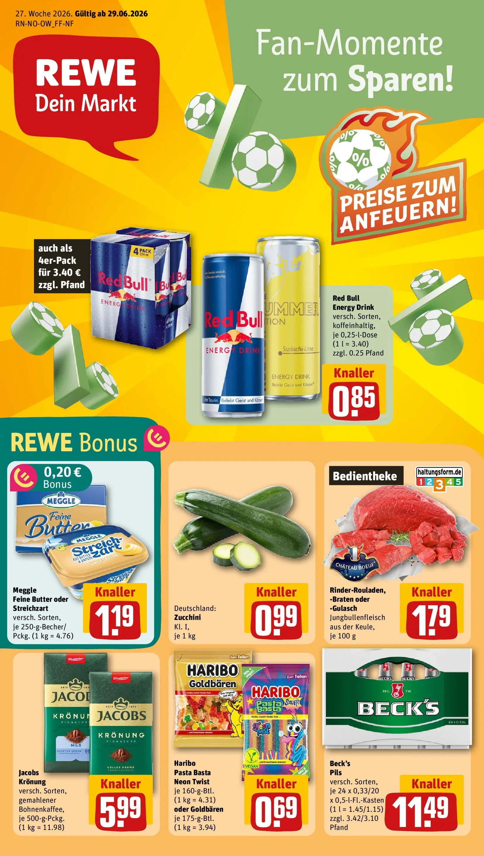 REWE Prospekt ab 28.06.2026 zum Blättern » Angebote | Seite: 1 | Produkte: Energy, Butter, Pasta, Zucchini