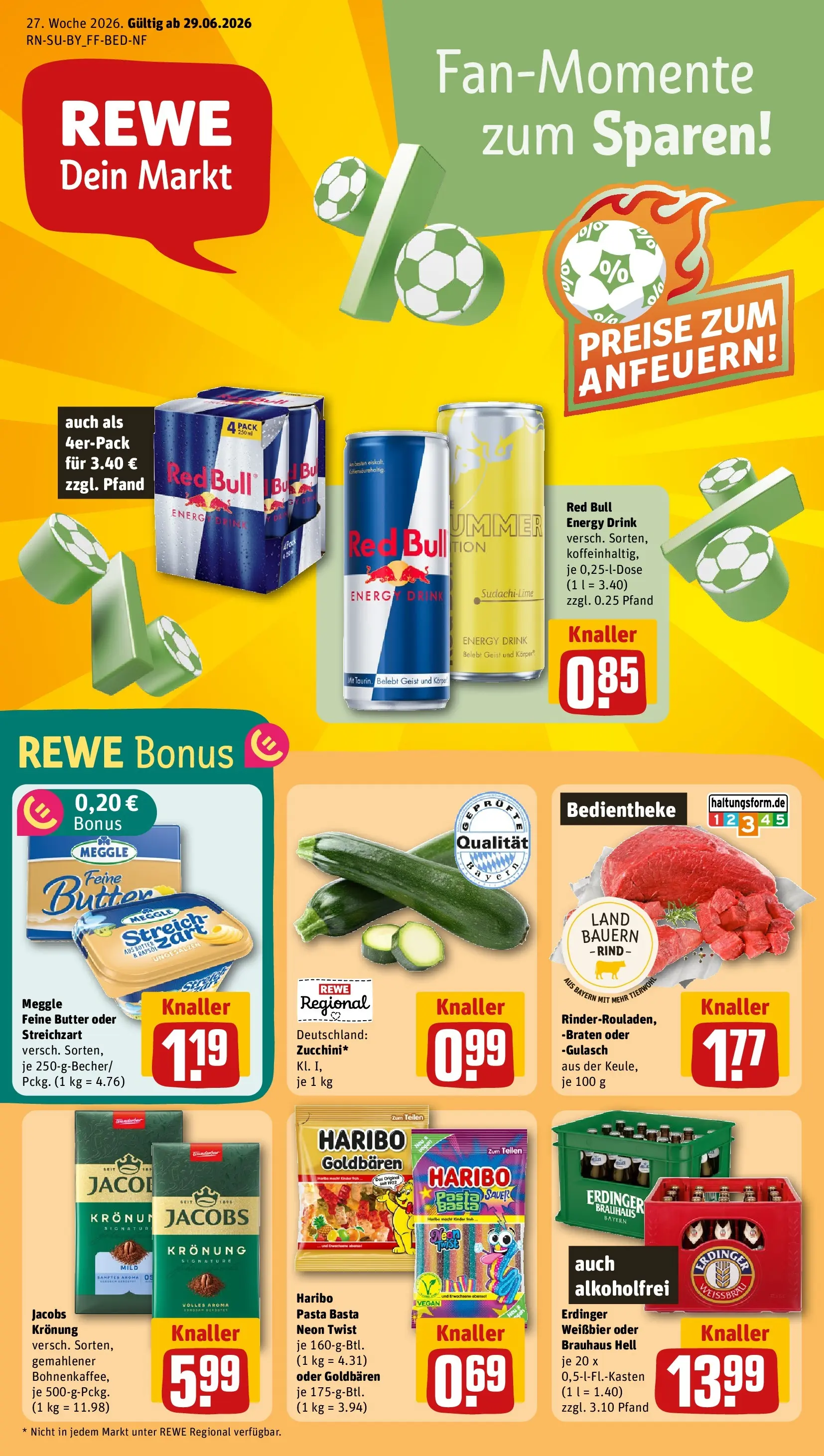 REWE Prospekt ab 28.06.2026 zum Blättern » Angebote | Seite: 1 | Produkte: Red bull, Erdinger, Haribo, Pasta