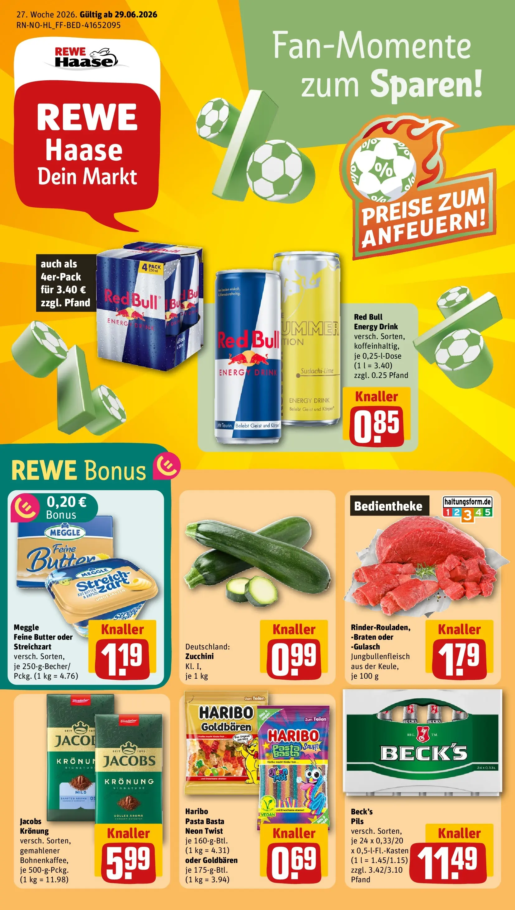 REWE Prospekt ab 28.06.2026 zum Blättern » Angebote | Seite: 1 | Produkte: Red bull, Energy, Butter, Zucchini