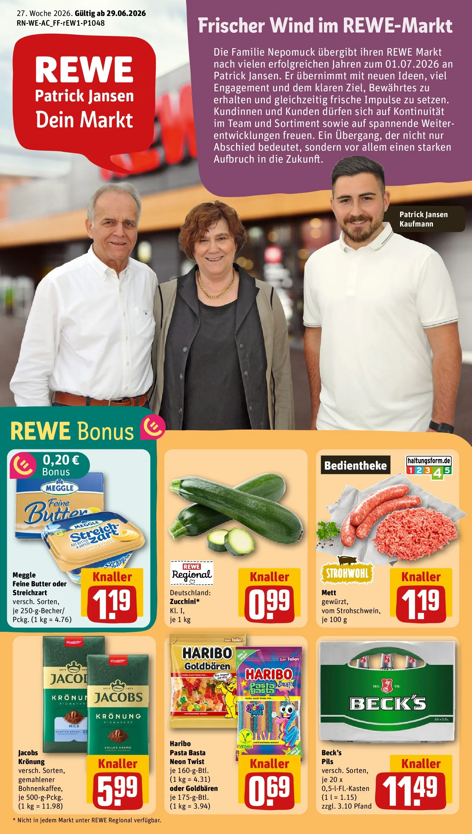 REWE Prospekt ab 28.06.2026 zum Blättern » Angebote | Seite: 1 | Produkte: Haribo, Butter, Pils, Pasta