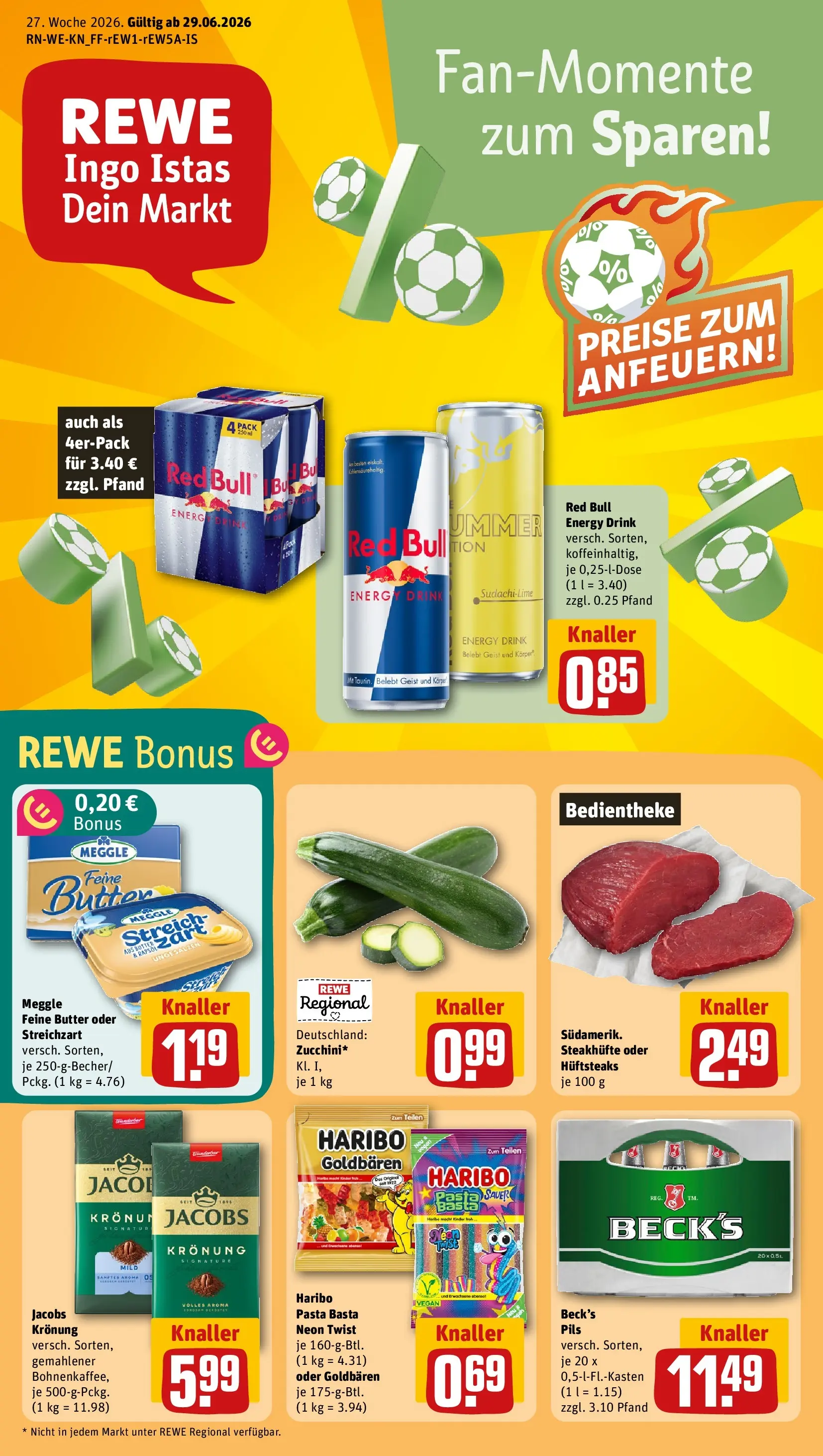 REWE Prospekt ab 28.06.2026 zum Blättern » Angebote | Seite: 1 | Produkte: Red bull, Energy, Pils, Pasta