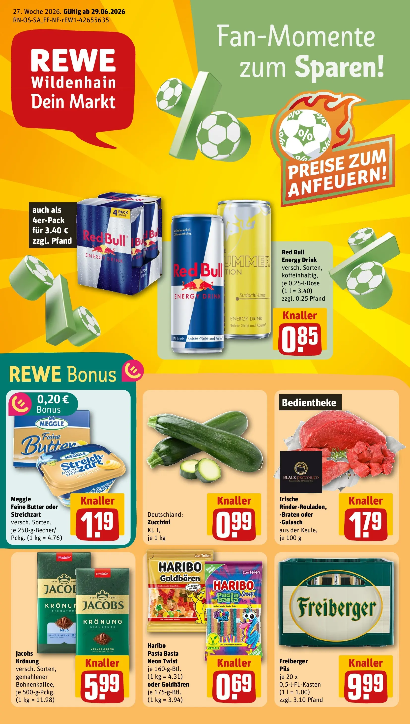 REWE Prospekt ab 28.06.2026 zum Blättern » Angebote | Seite: 1 | Produkte: Haribo, Gulasch, Pasta, Zucchini