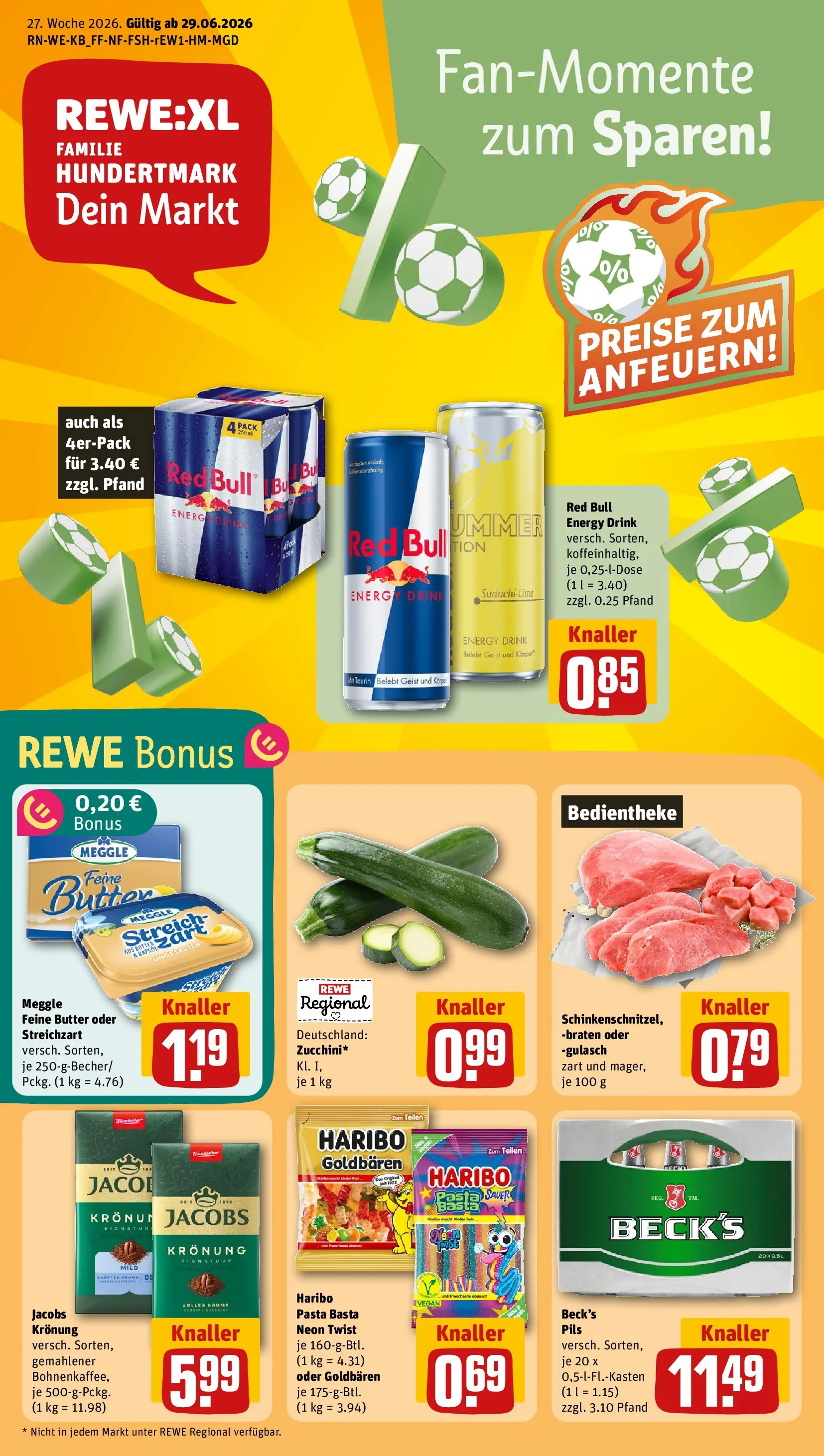 REWE Prospekt ab 28.06.2026 zum Blättern » Angebote | Seite: 1 | Produkte: Red bull, Butter, Gulasch, Pasta