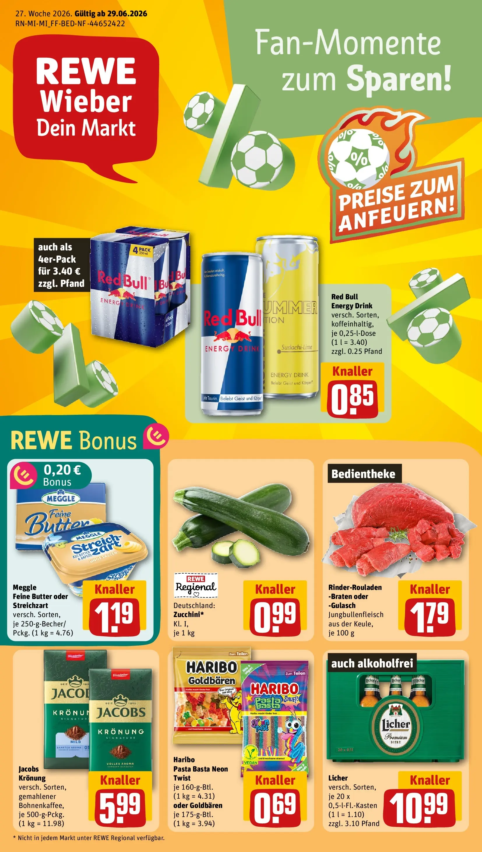REWE Prospekt ab 28.06.2026 zum Blättern » Angebote | Seite: 1 | Produkte: Haribo, Energy, Butter, Gulasch