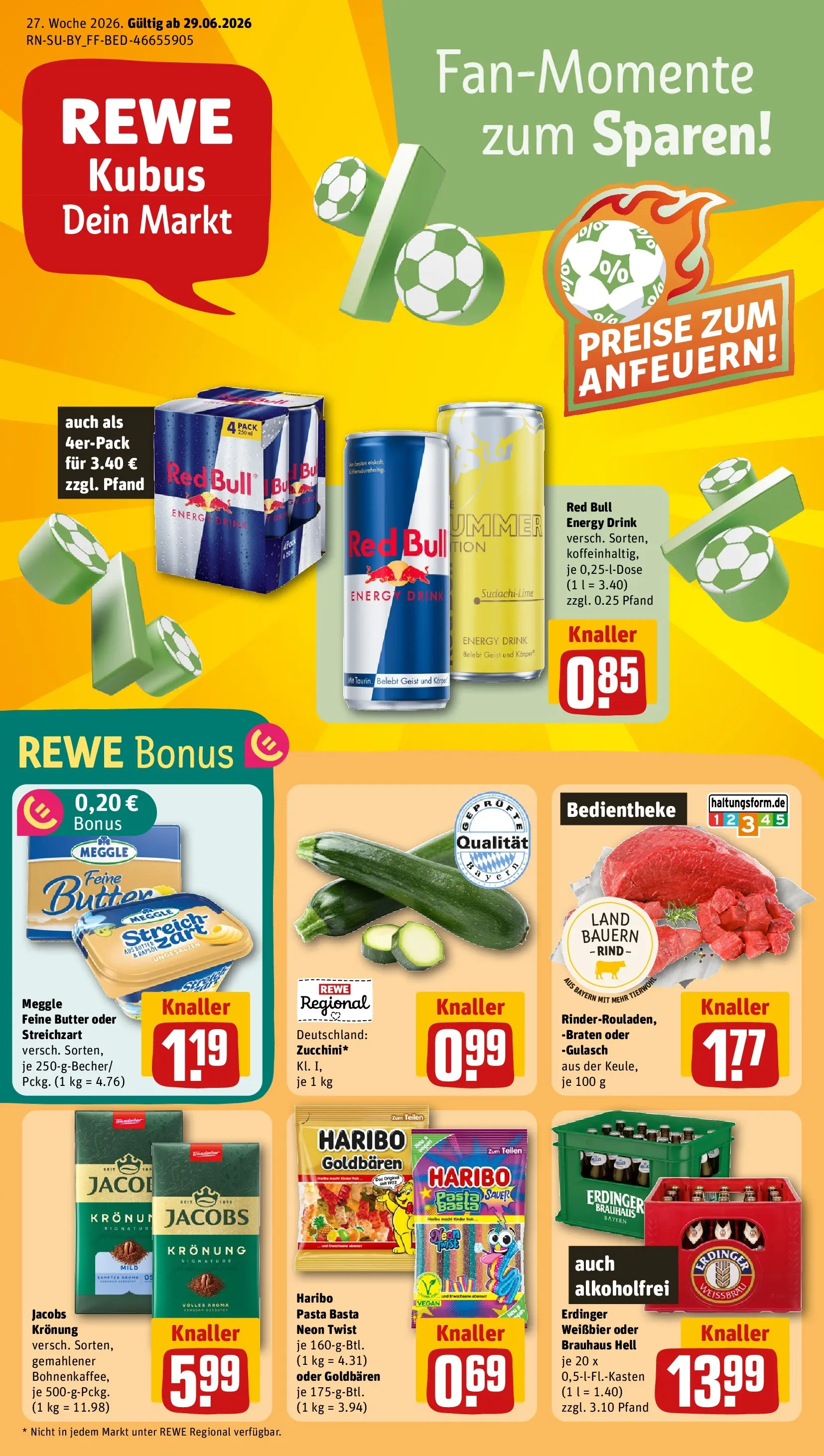 REWE Prospekt ab 28.06.2026 zum Blättern » Angebote | Seite: 1 | Produkte: Red bull, Butter, Weißbier, Gulasch