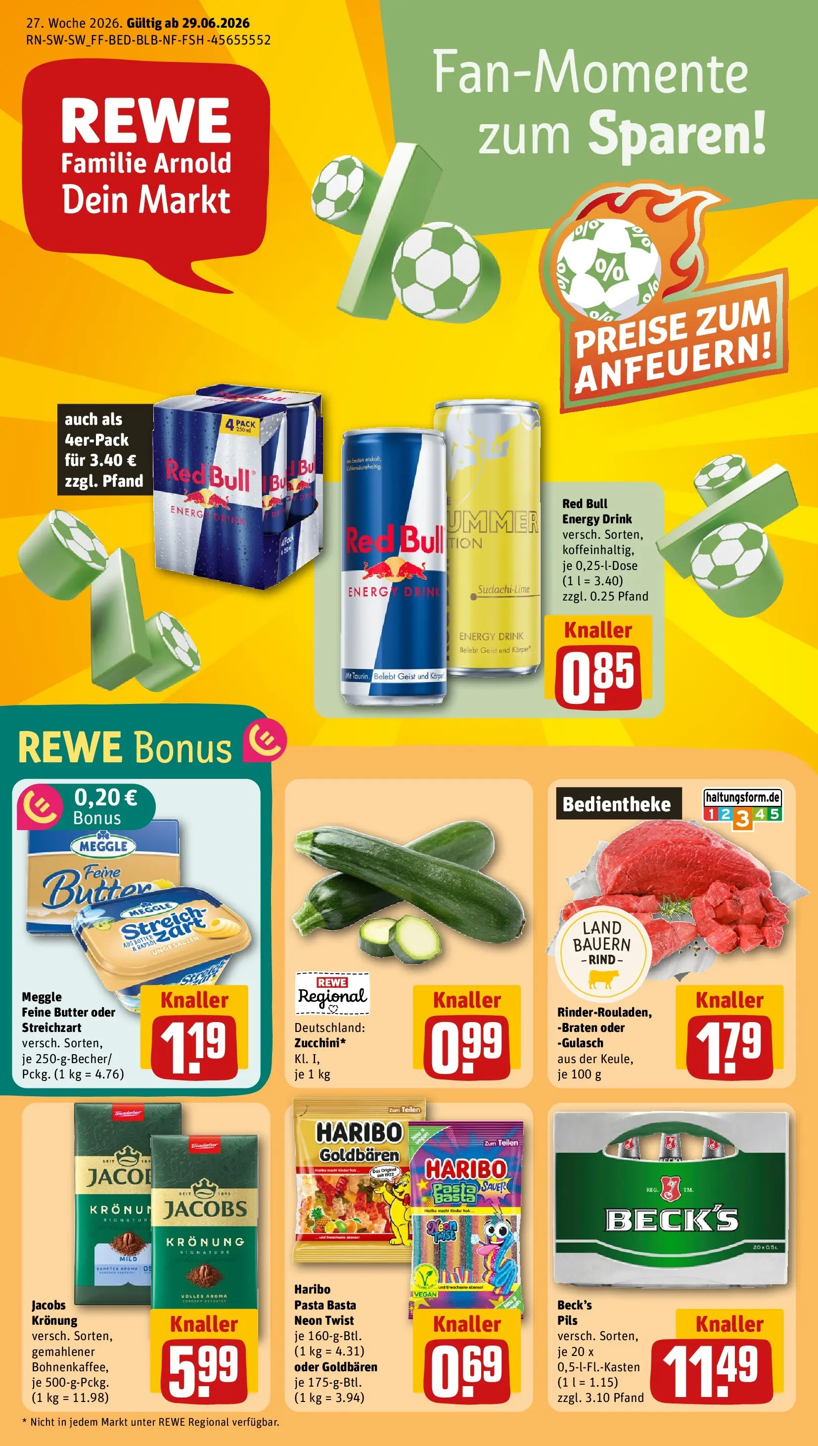 REWE Prospekt ab 28.06.2026 zum Blättern » Angebote | Seite: 1 | Produkte: Red bull, Haribo, Gulasch, Pasta
