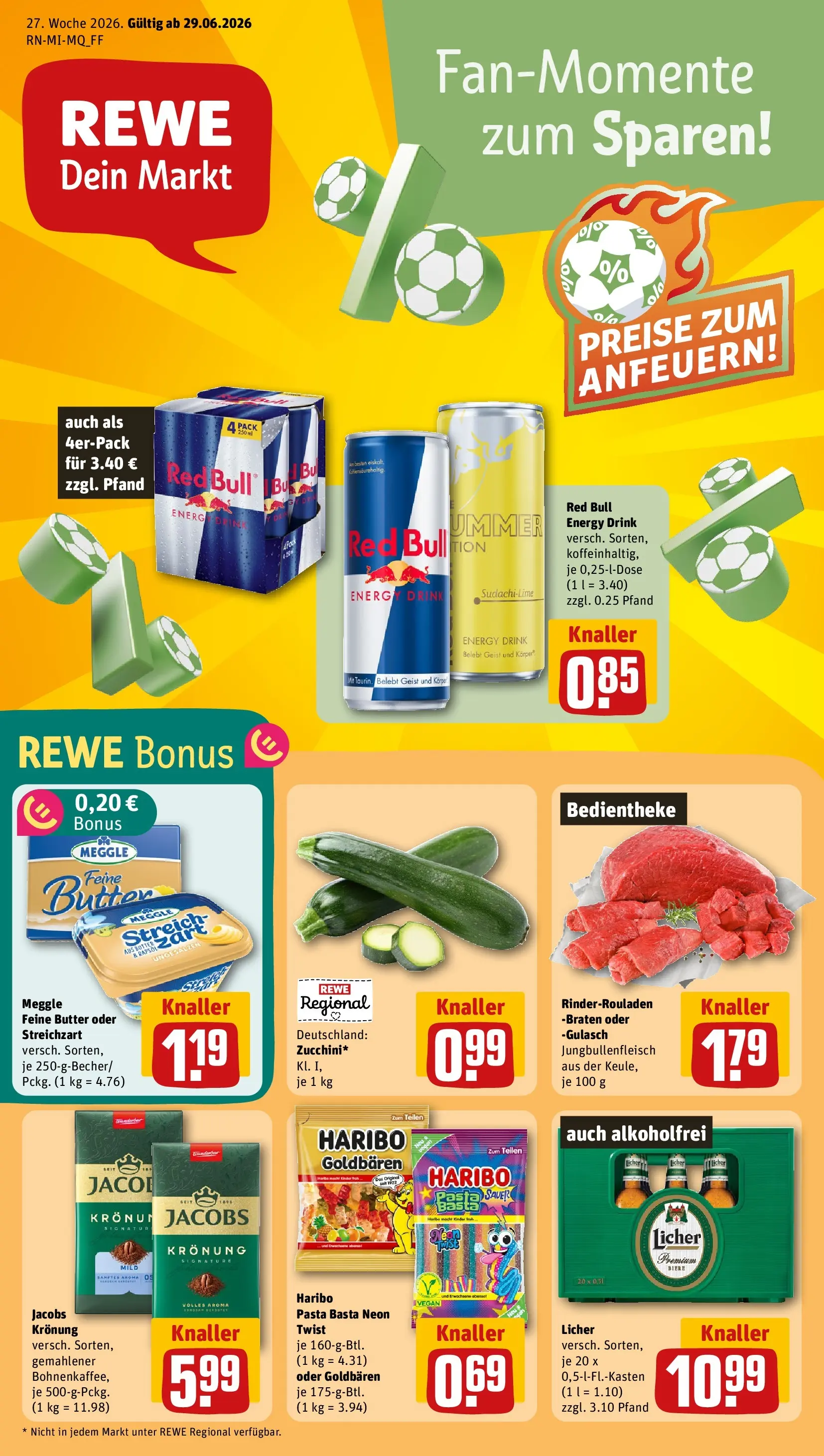 REWE Prospekt ab 29.06.2026 zum Blättern » Angebote | Seite: 1 | Produkte: Rinderrouladen, Red bull, Energy, Rapsöl