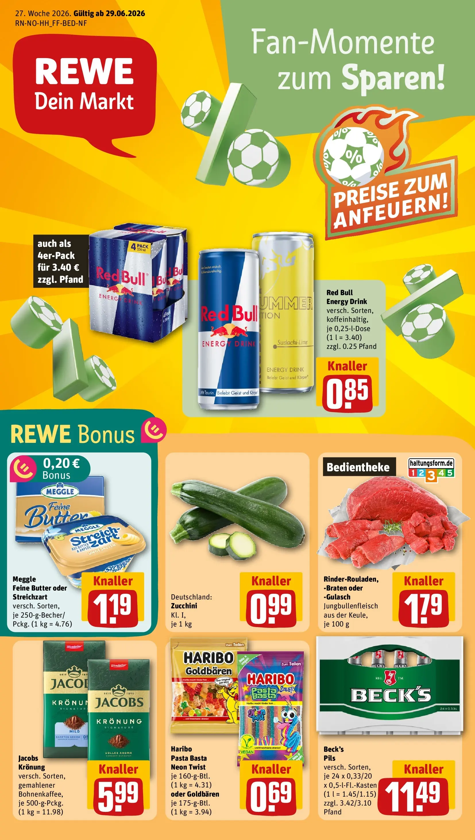 REWE Prospekt ab 29.06.2026 zum Blättern » Angebote | Seite: 1 | Produkte: Red bull, Energy, Gulasch, Zucchini