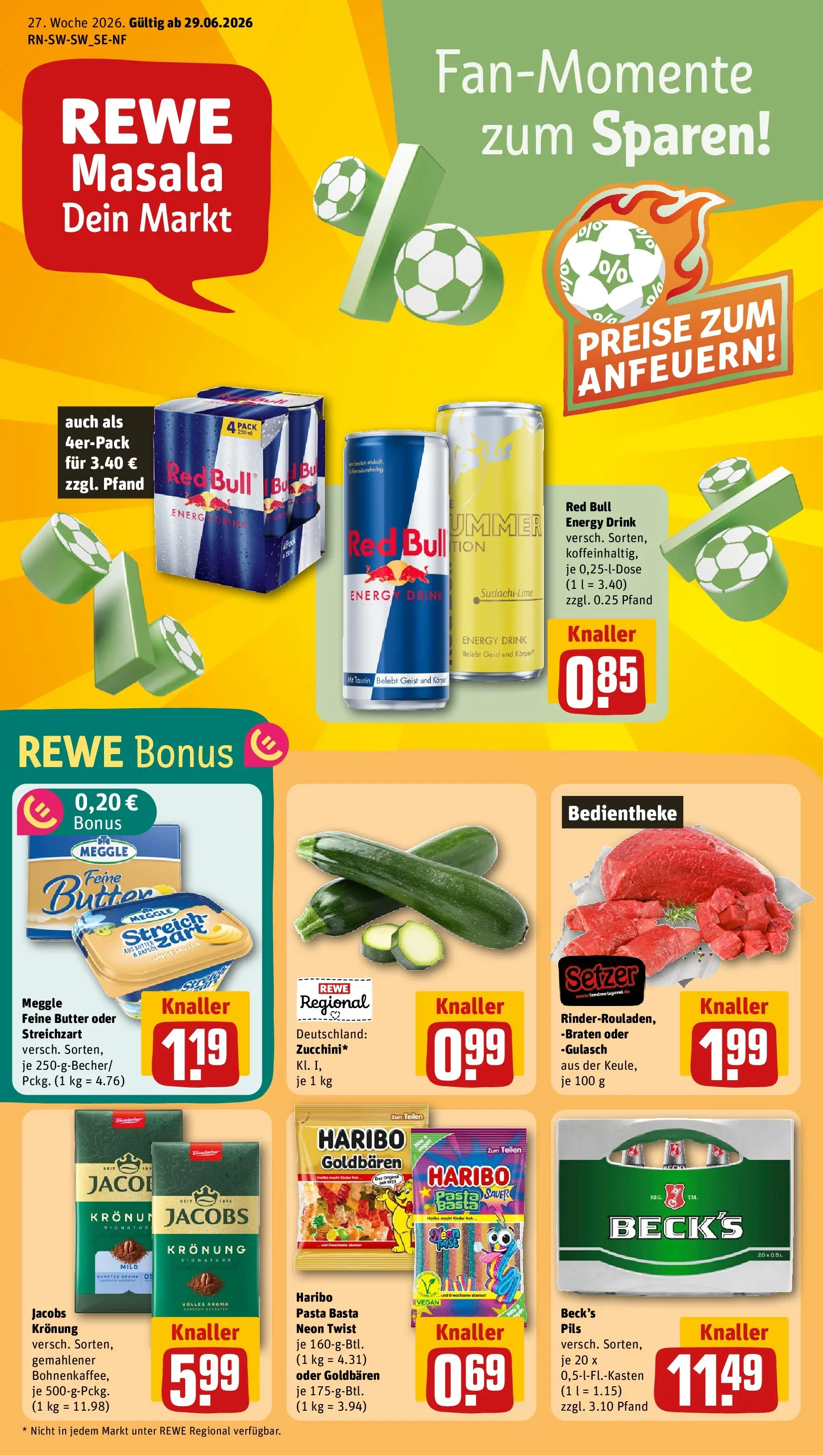 REWE Prospekt ab 29.06.2026 zum Blättern » Angebote | Seite: 1 | Produkte: Haribo, Energy, Butter, Pils