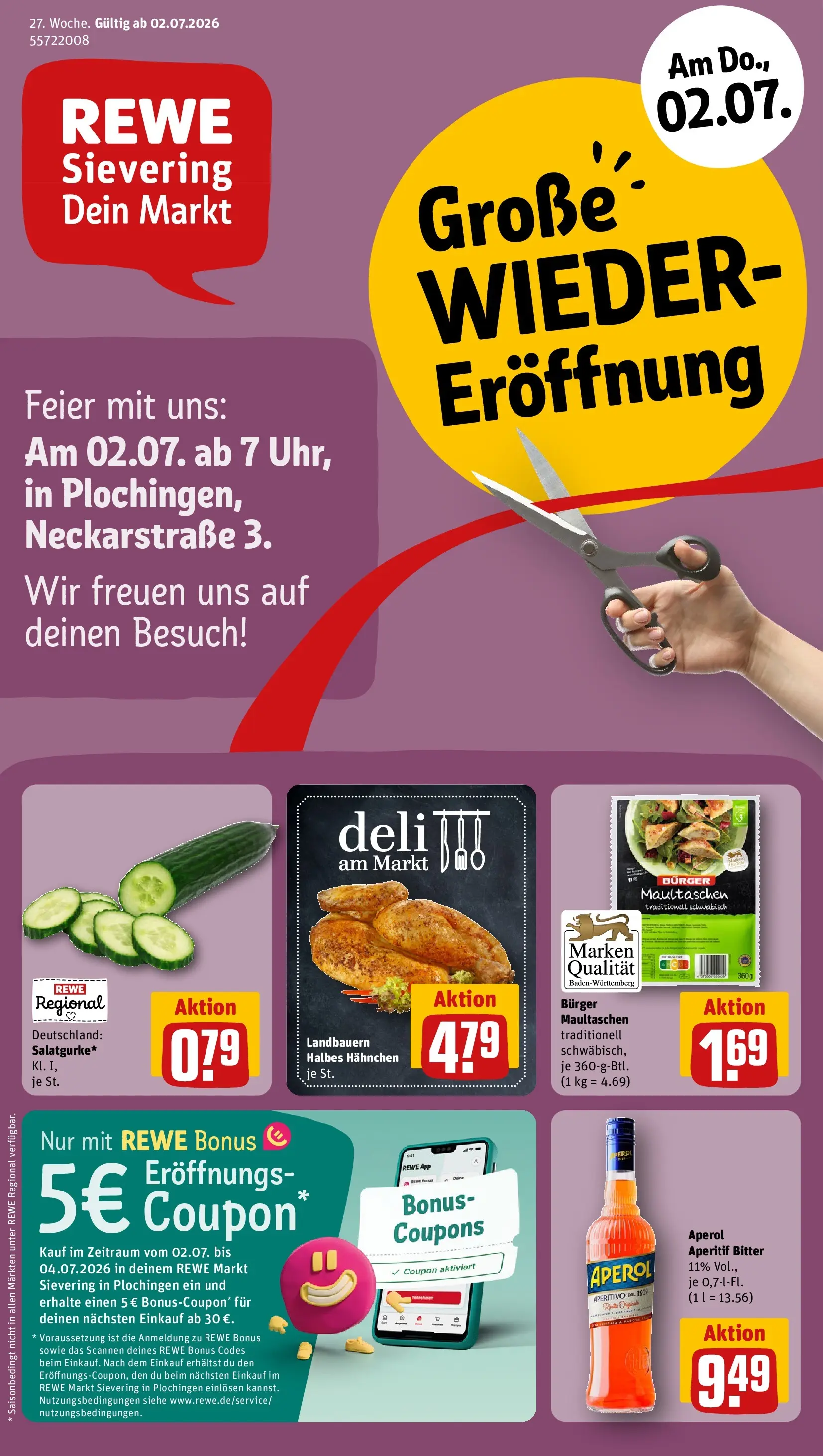 REWE Prospekt ab 29.06.2026 zum Blättern » Angebote | Seite: 1 | Produkte: Hahnchen, Burger, Aperol, Maultaschen