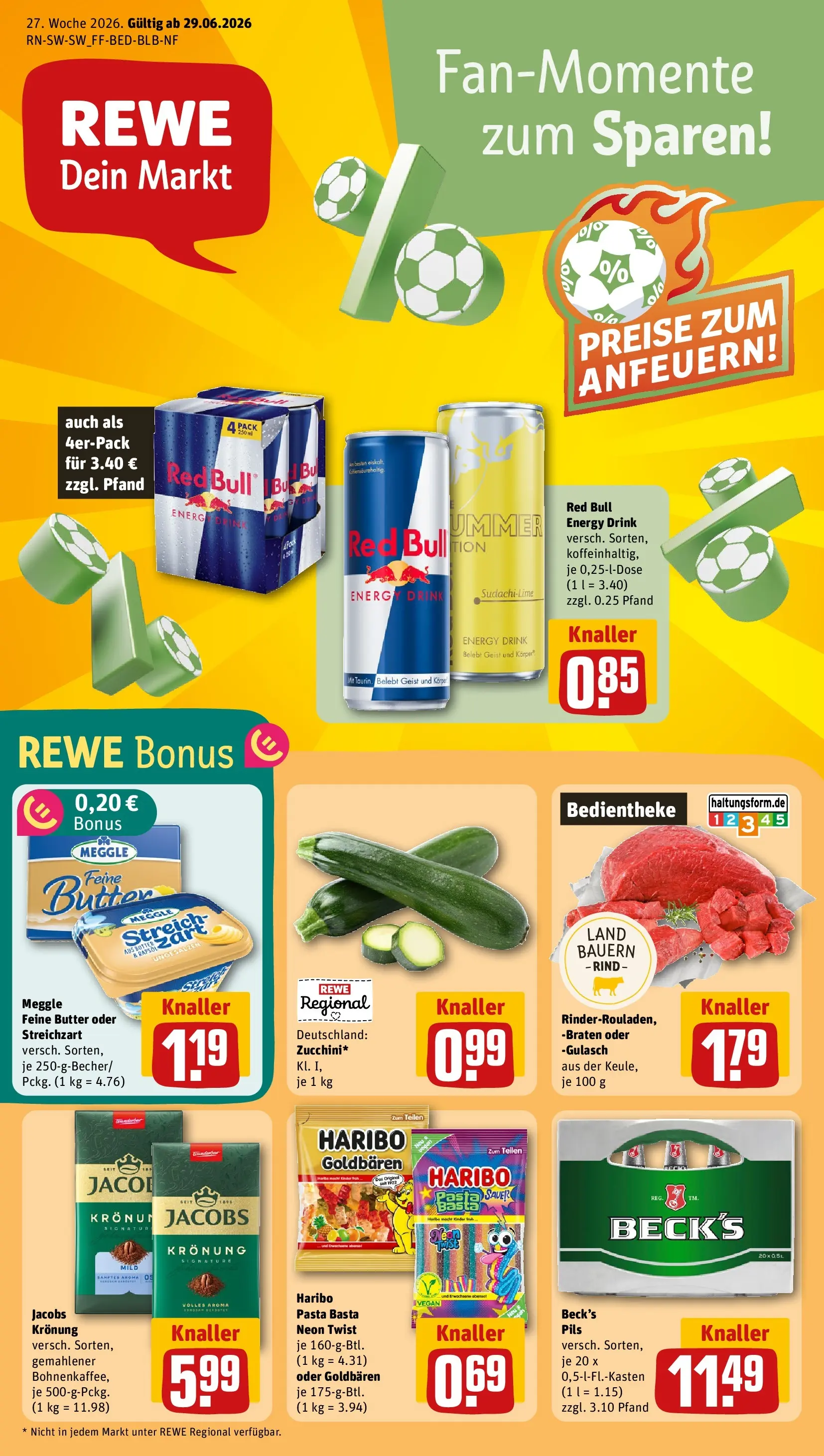 REWE Prospekt ab 29.06.2026 zum Blättern » Angebote | Seite: 1 | Produkte: Red bull, Haribo, Pils, Pasta