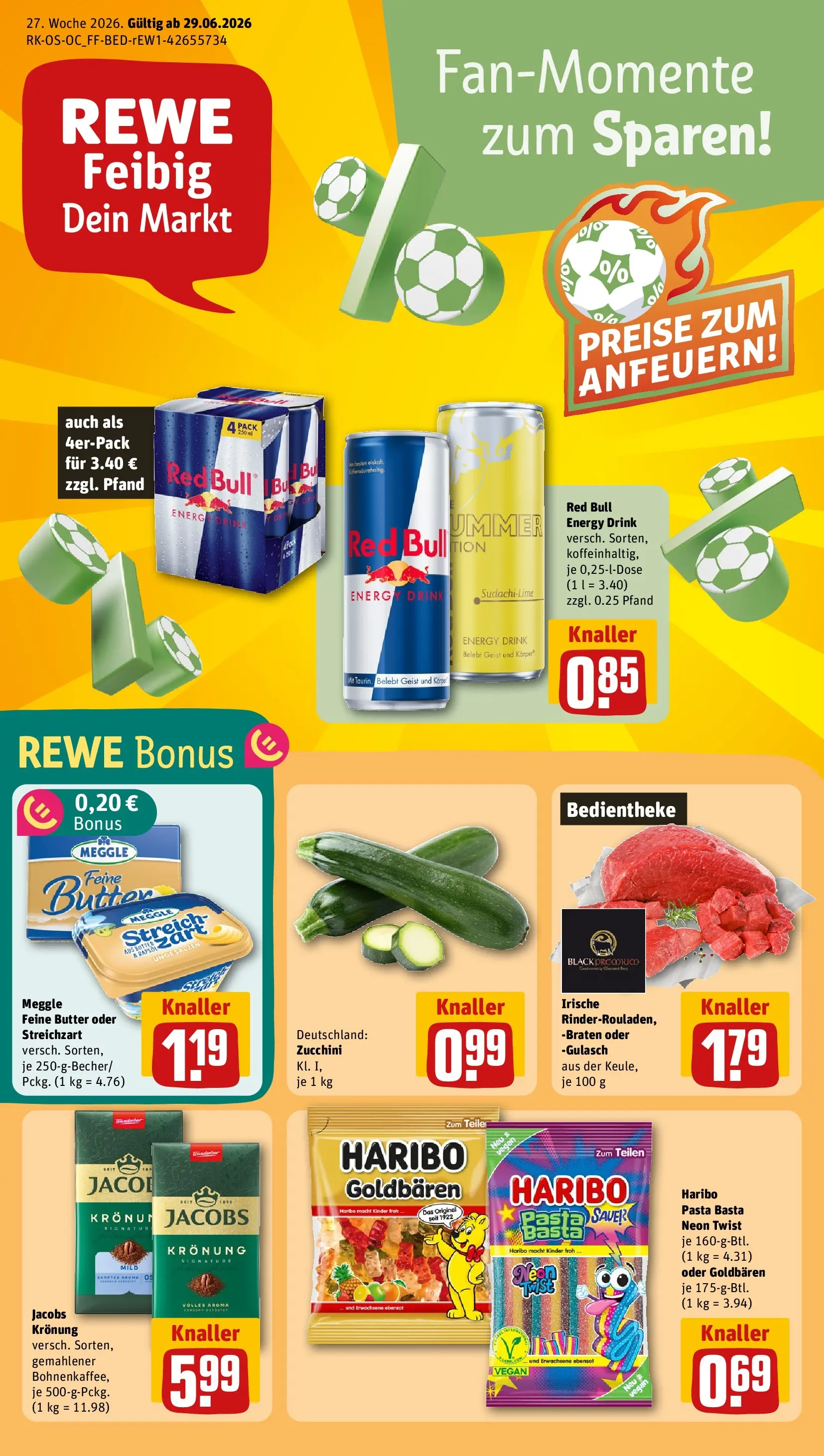 REWE Prospekt ab 29.06.2026 zum Blättern » Angebote | Seite: 1 | Produkte: Red bull, Energy, Pasta, Zucchini