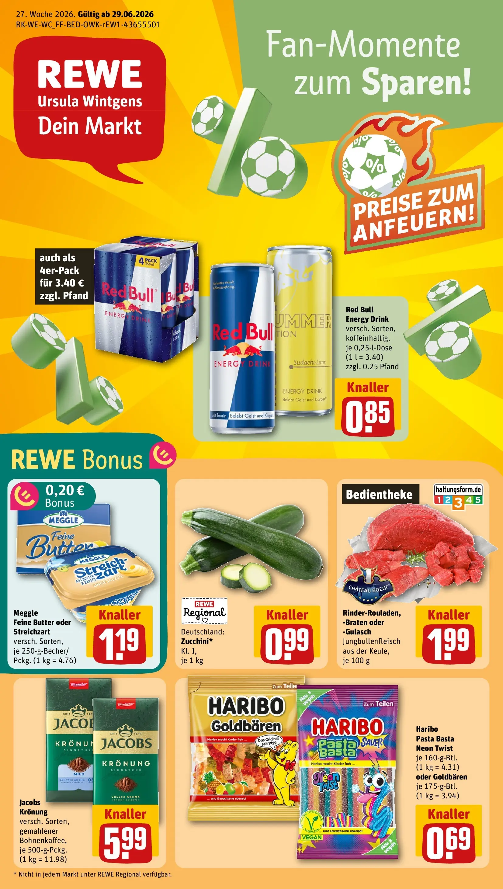 REWE Prospekt ab 29.06.2026 zum Blättern » Angebote | Seite: 1 | Produkte: Energy, Butter, Gulasch, Pasta