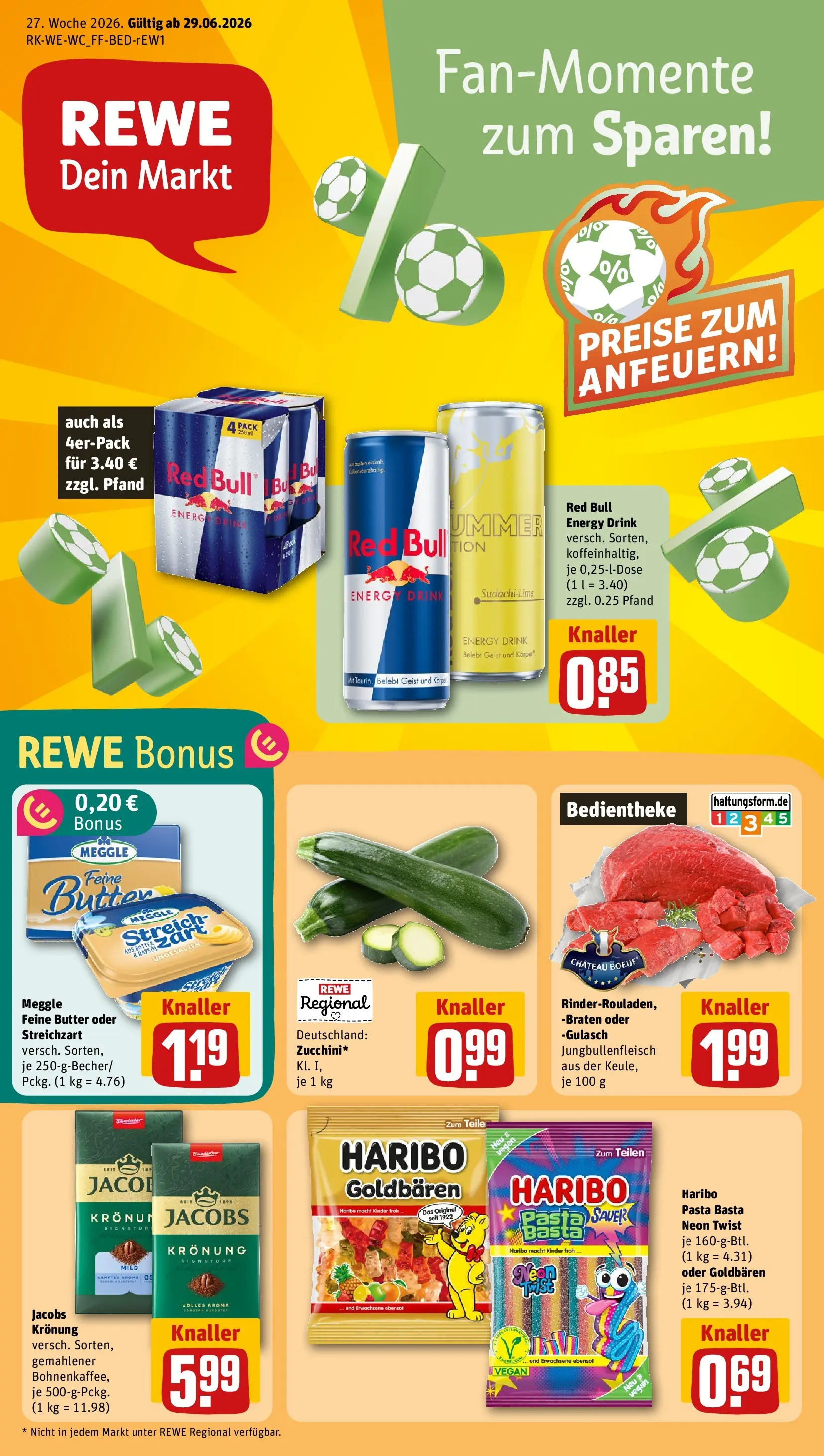 REWE Prospekt ab 29.06.2026 zum Blättern » Angebote | Seite: 1 | Produkte: Red bull, Haribo, Gulasch, Pasta