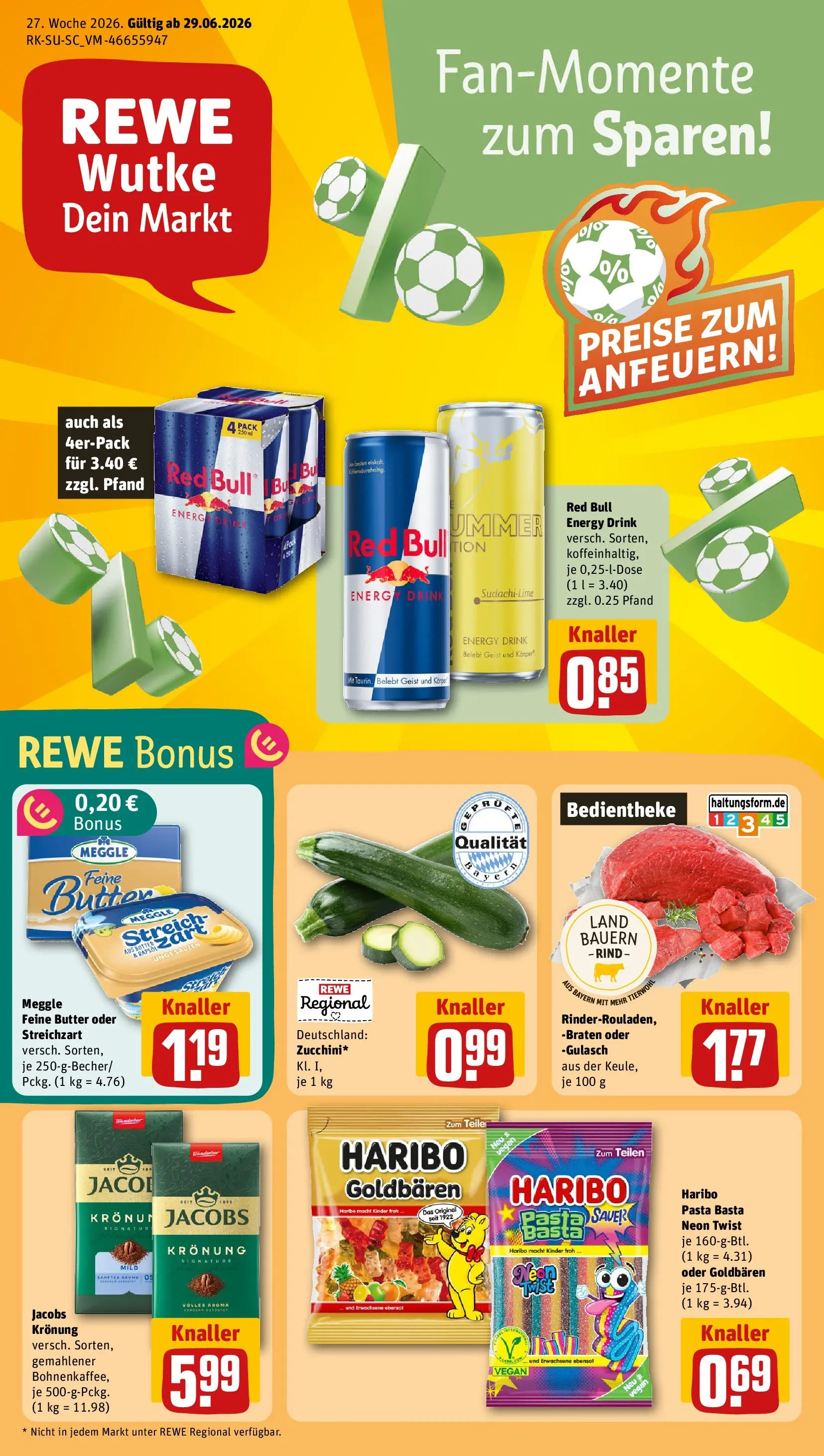 REWE Prospekt ab 29.06.2026 zum Blättern » Angebote | Seite: 1 | Produkte: Red bull, Butter, Gulasch, Pasta