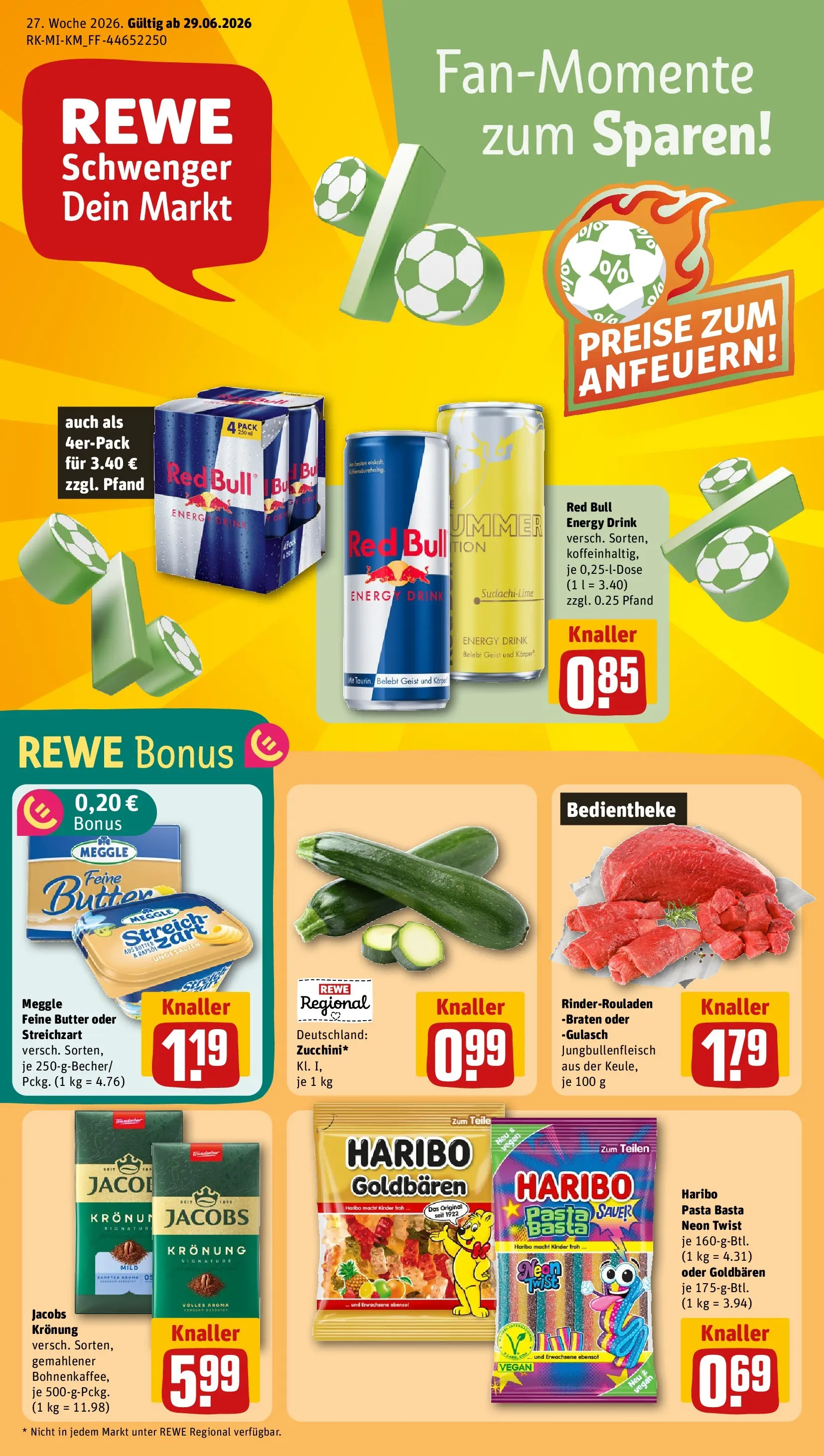 REWE Prospekt ab 29.06.2026 zum Blättern » Angebote | Seite: 1 | Produkte: Rinderrouladen, Energy, Butter, Pasta