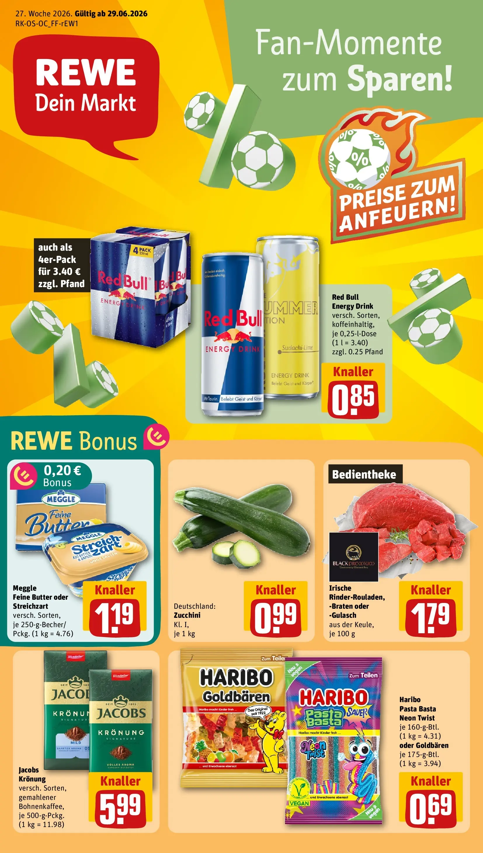 REWE Prospekt ab 29.06.2026 zum Blättern » Angebote | Seite: 1 | Produkte: Red bull, Haribo, Energy, Gulasch