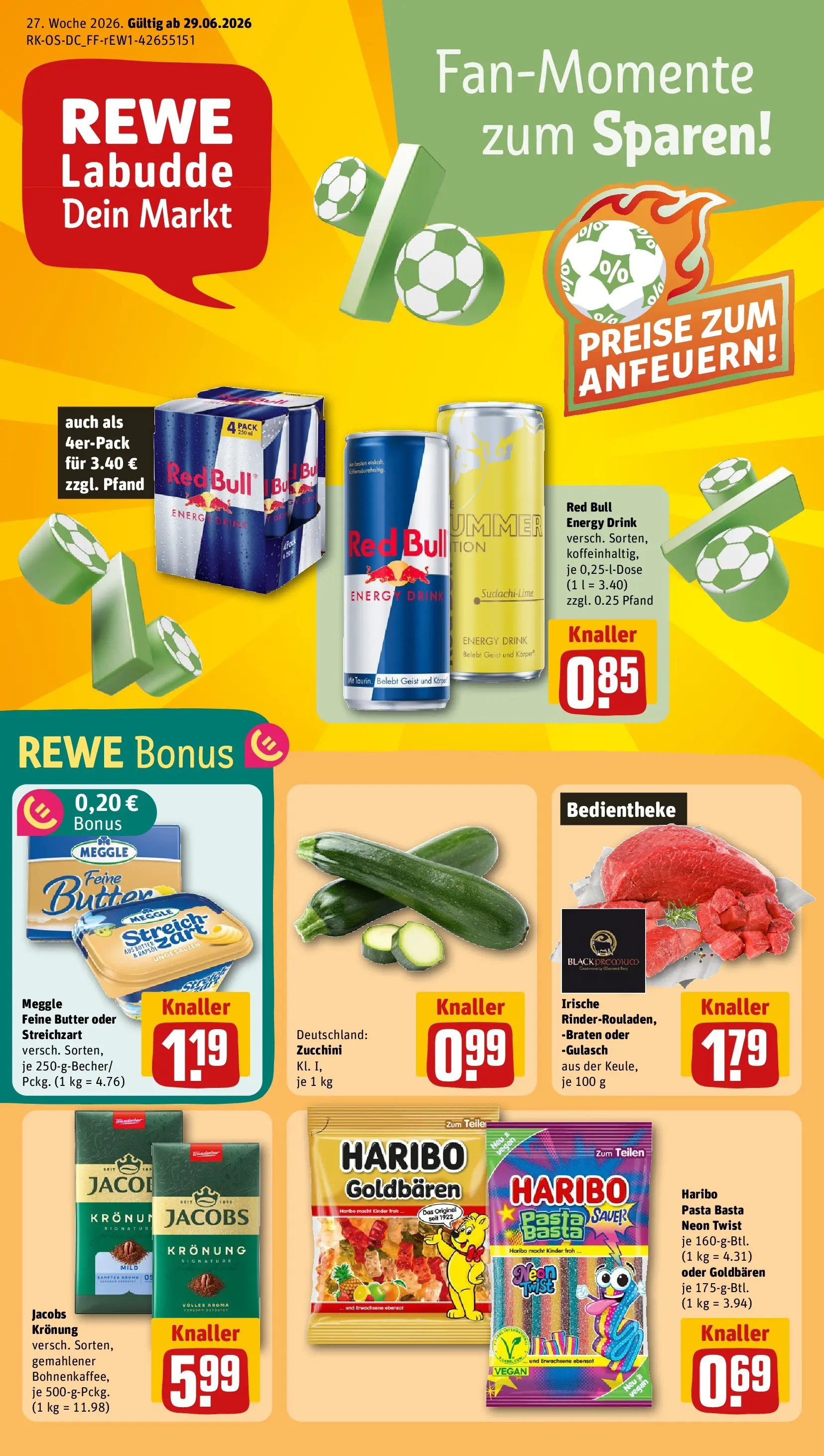 REWE Prospekt ab 29.06.2026 zum Blättern » Angebote | Seite: 1 | Produkte: Red bull, Haribo, Gulasch, Pasta