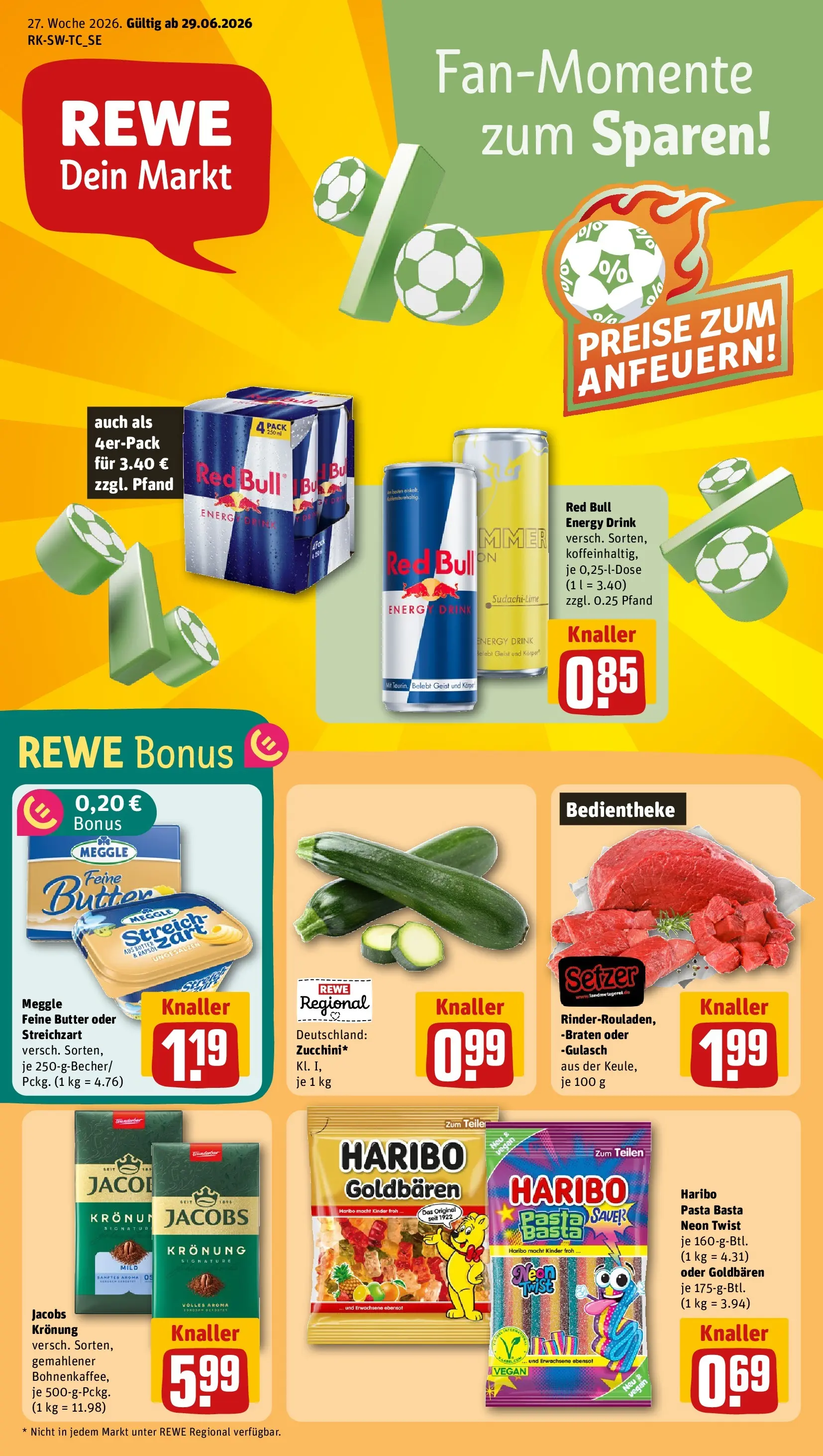REWE Prospekt ab 29.06.2026 zum Blättern » Angebote | Seite: 1 | Produkte: Red bull, Butter, Gulasch, Pasta