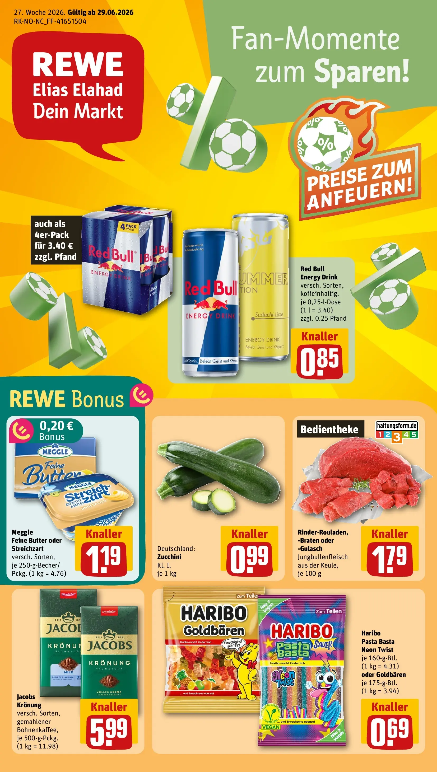 REWE Prospekt ab 29.06.2026 zum Blättern » Angebote | Seite: 1 | Produkte: Red bull, Butter, Gulasch, Zucchini