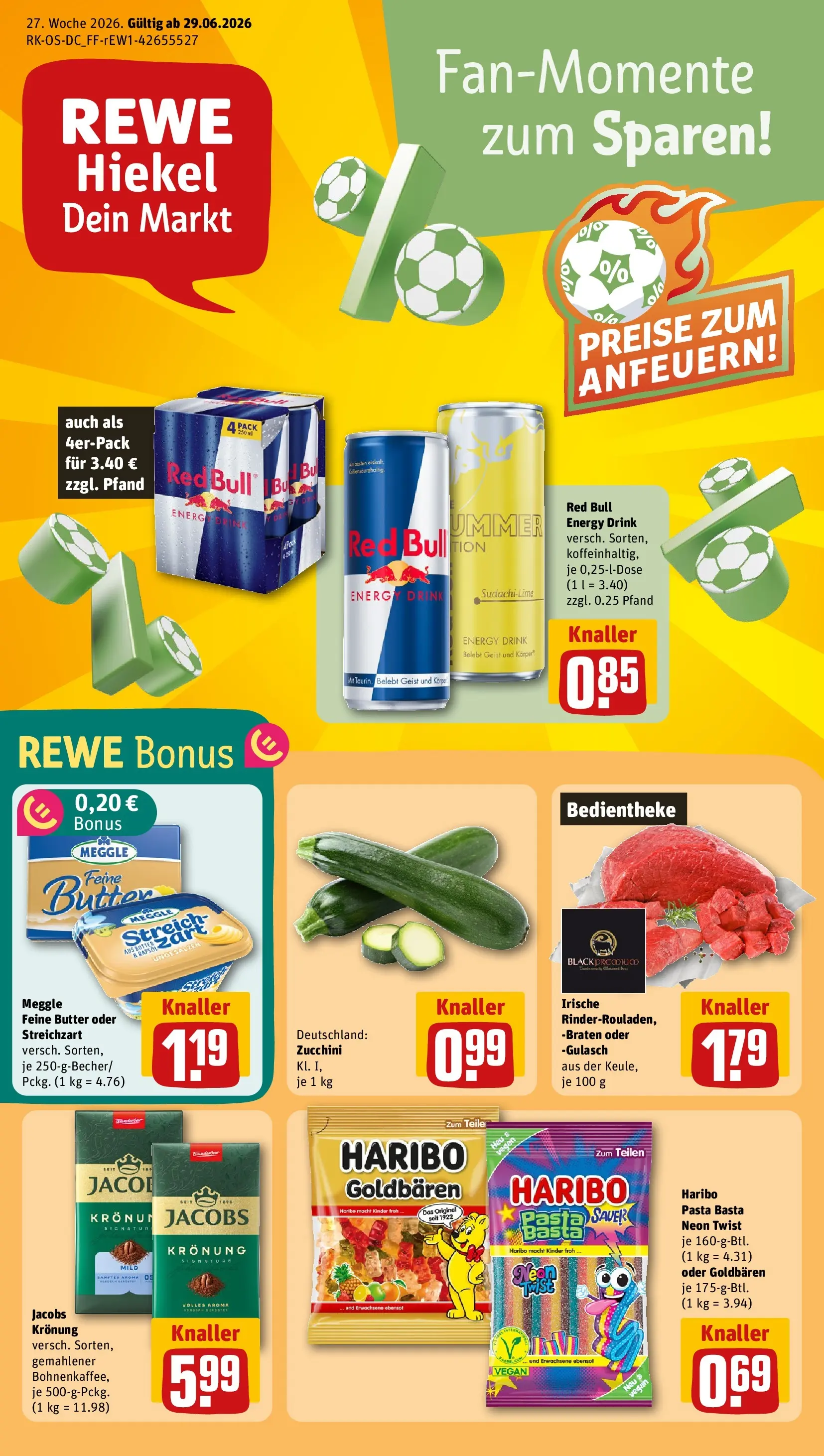 REWE Prospekt ab 29.06.2026 zum Blättern » Angebote | Seite: 1 | Produkte: Red bull, Energy, Gulasch, Zucchini
