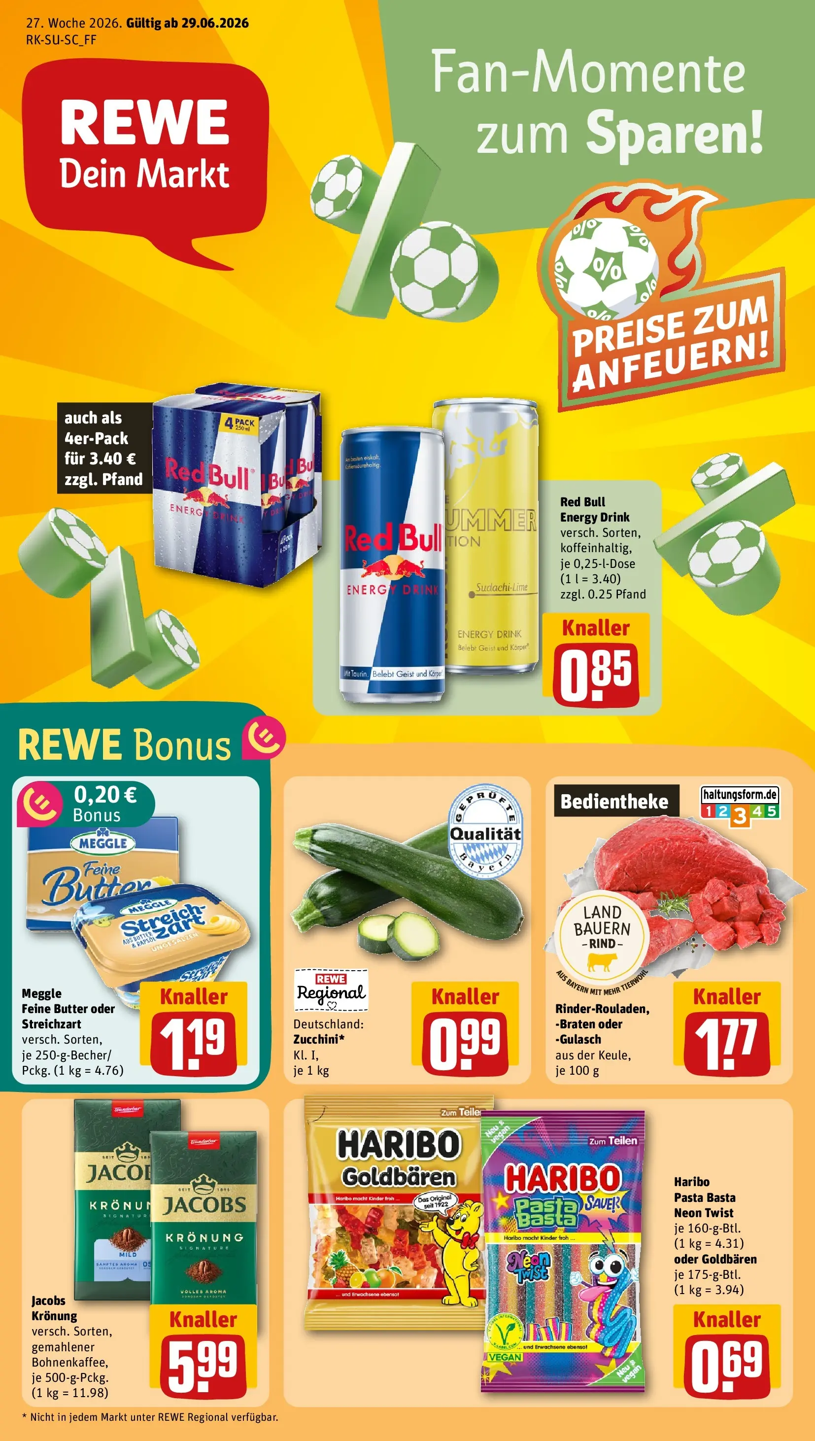 REWE Prospekt ab 29.06.2026 zum Blättern » Angebote | Seite: 1 | Produkte: Red bull, Energy, Butter, Pasta
