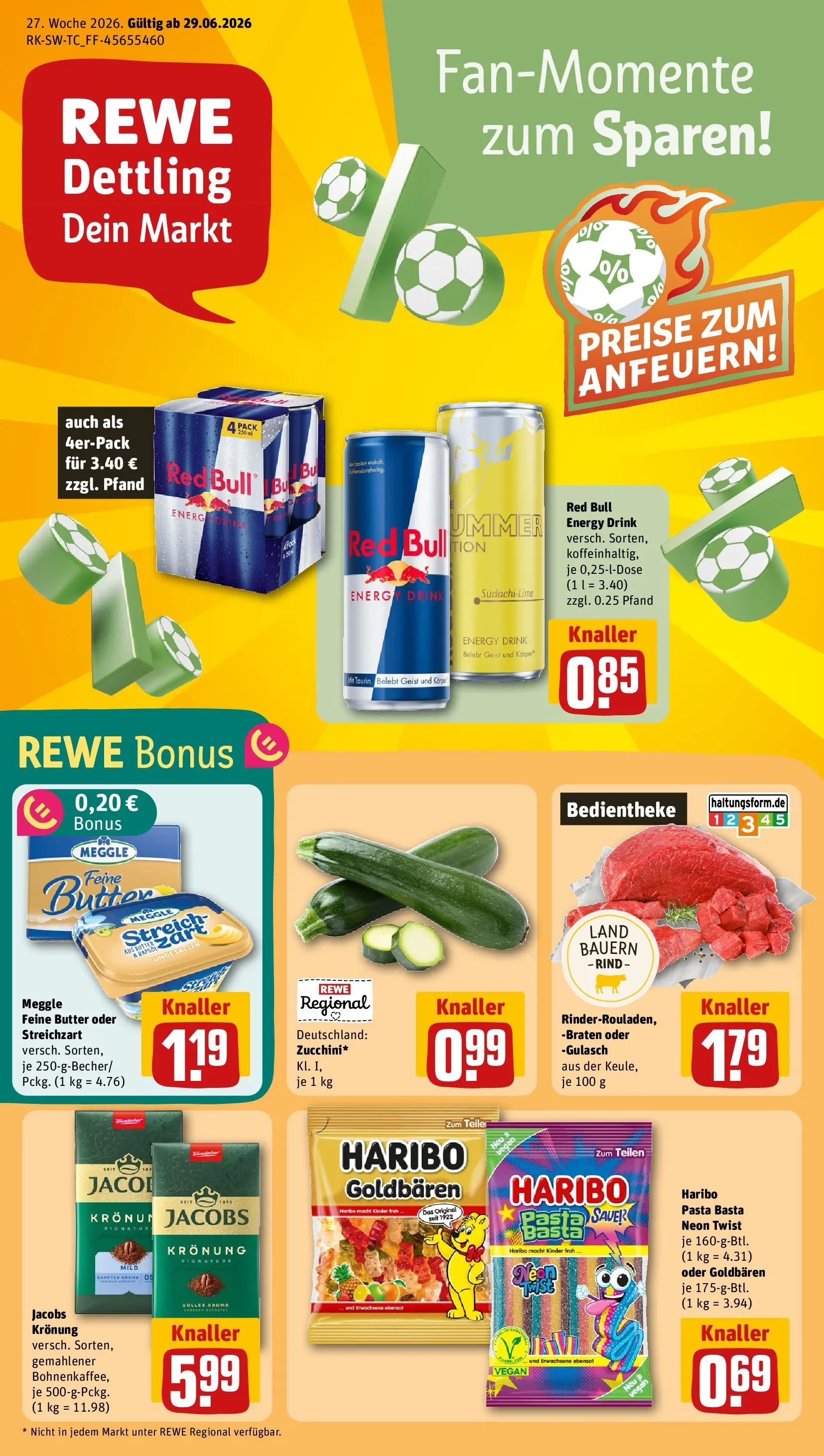 REWE Prospekt ab 29.06.2026 zum Blättern » Angebote | Seite: 1 | Produkte: Red bull, Butter, Gulasch, Pasta