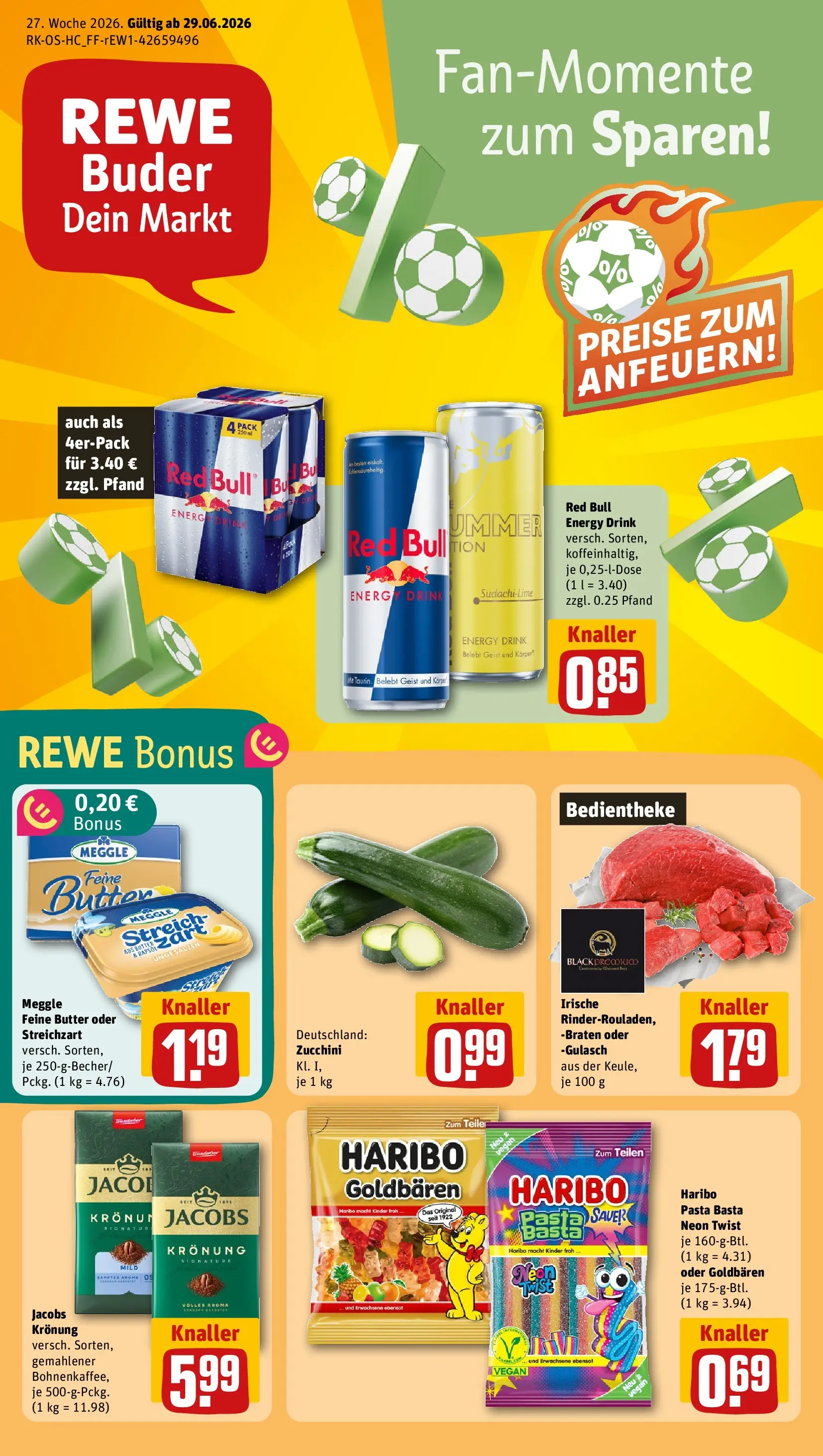 REWE Prospekt ab 29.06.2026 zum Blättern » Angebote | Seite: 1 | Produkte: Red bull, Haribo, Energy, Pasta