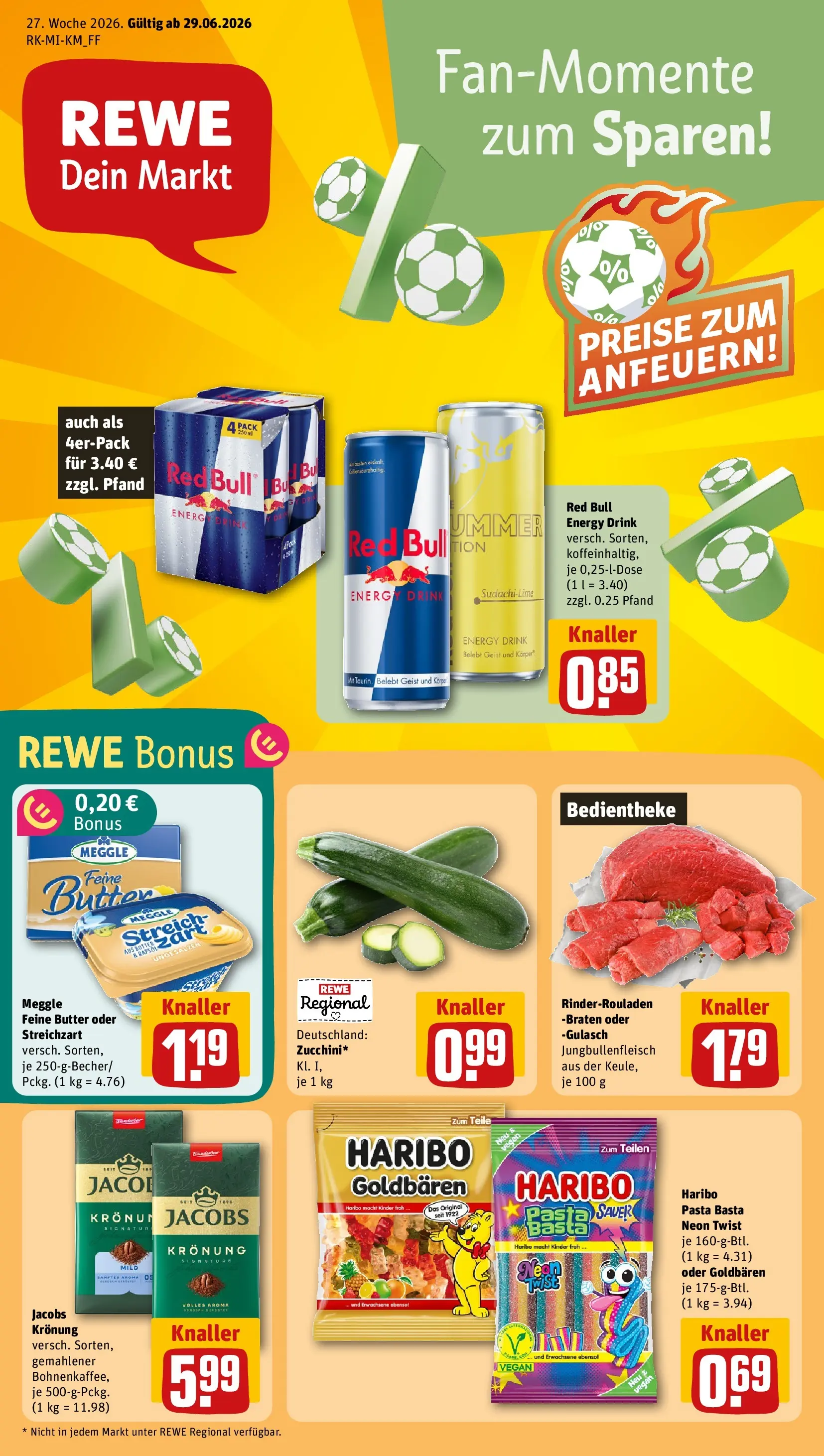 REWE Prospekt ab 29.06.2026 zum Blättern » Angebote | Seite: 1 | Produkte: Rinderrouladen, Red bull, Haribo, Gulasch