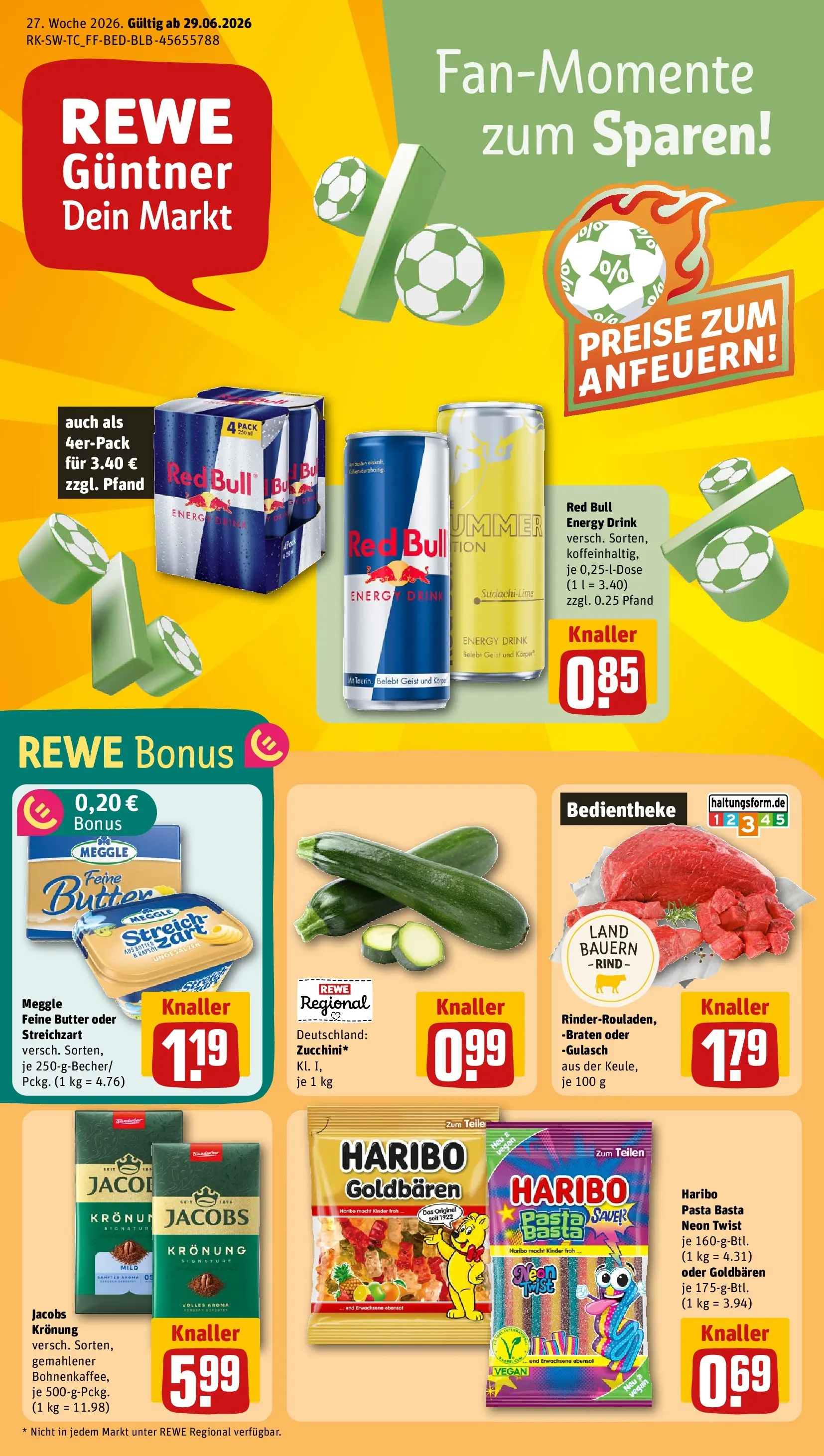 REWE Prospekt ab 29.06.2026 zum Blättern » Angebote | Seite: 1 | Produkte: Red bull, Energy, Butter, Pasta