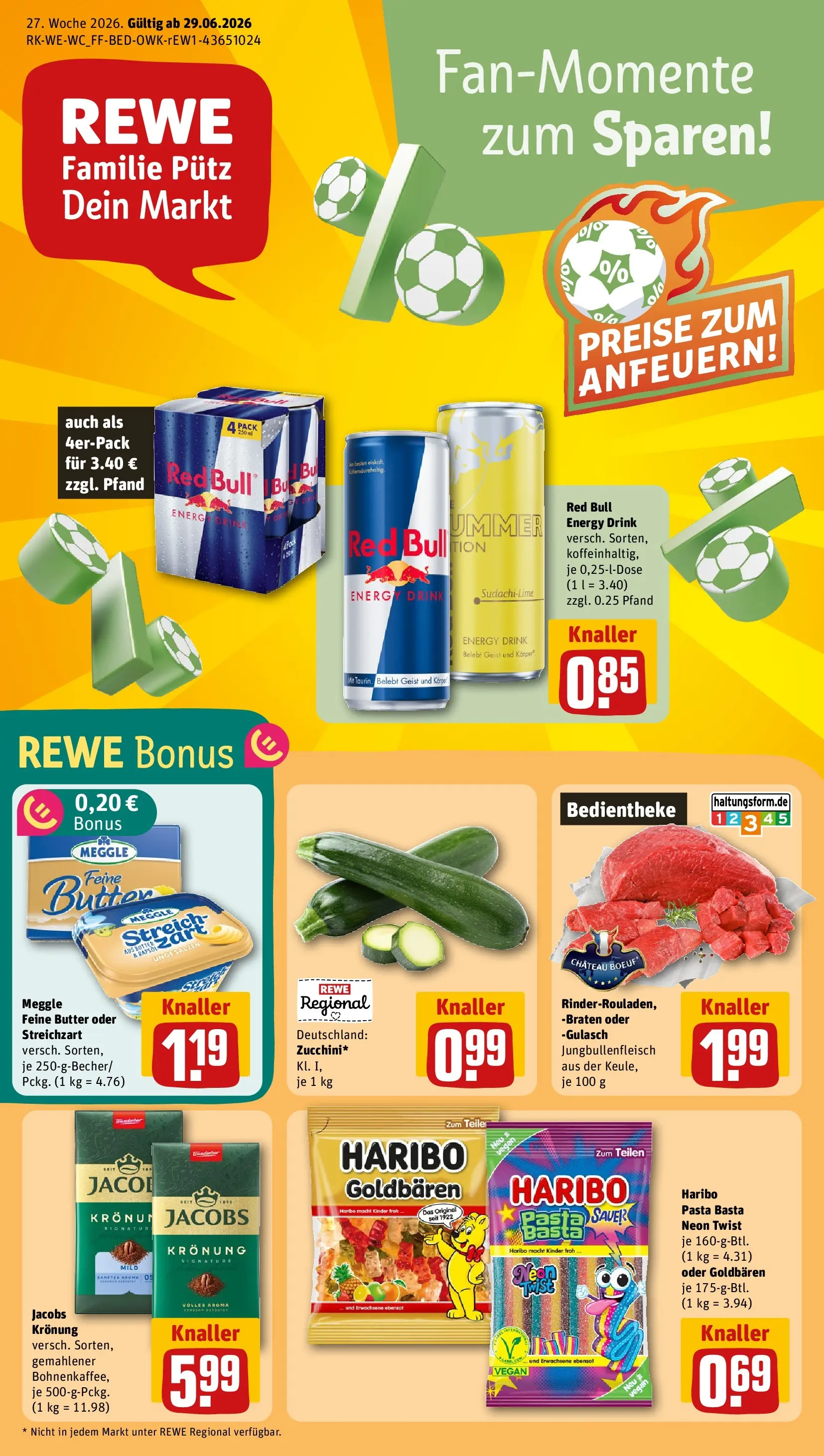 REWE Prospekt ab 29.06.2026 zum Blättern » Angebote | Seite: 1 | Produkte: Red bull, Haribo, Energy, Pasta