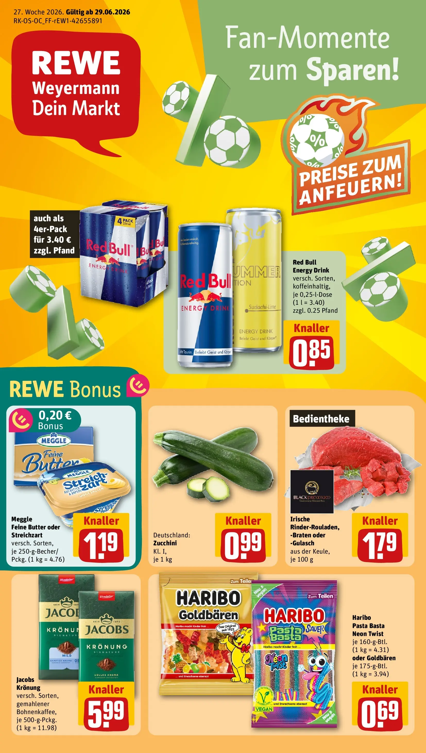 REWE Prospekt ab 29.06.2026 zum Blättern » Angebote | Seite: 1 | Produkte: Haribo, Energy, Pasta, Zucchini
