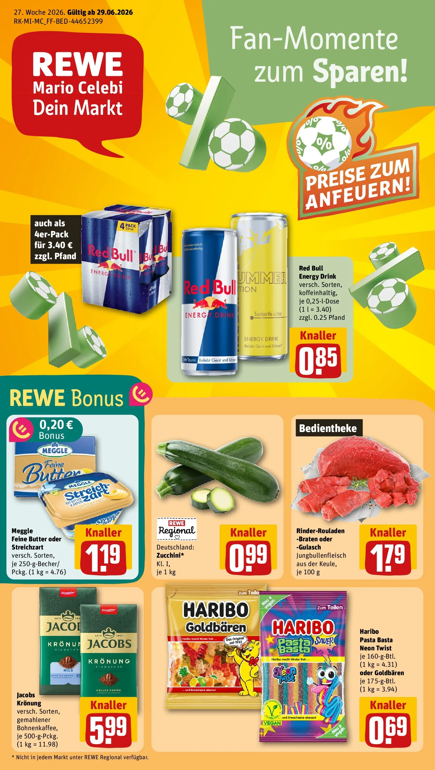 REWE Prospekt ab 29.06.2026 zum Blättern » Angebote | Seite: 1 | Produkte: Rinderrouladen, Red bull, Gulasch, Pasta