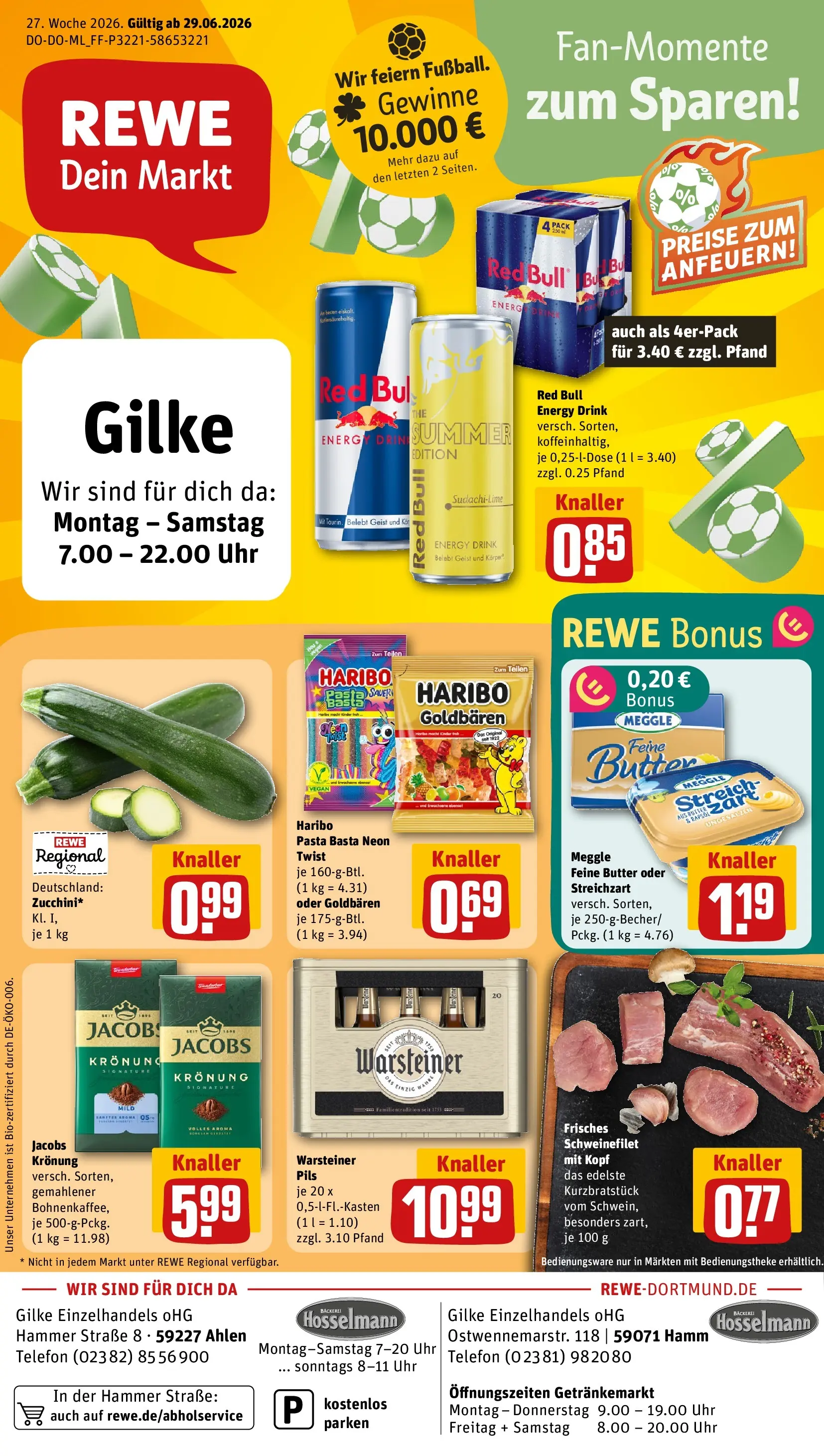 REWE Prospekt ab 29.06.2026 zum Blättern » Angebote | Seite: 1 | Produkte: Bäckerei, Red bull, Schweinefilet, Telefon