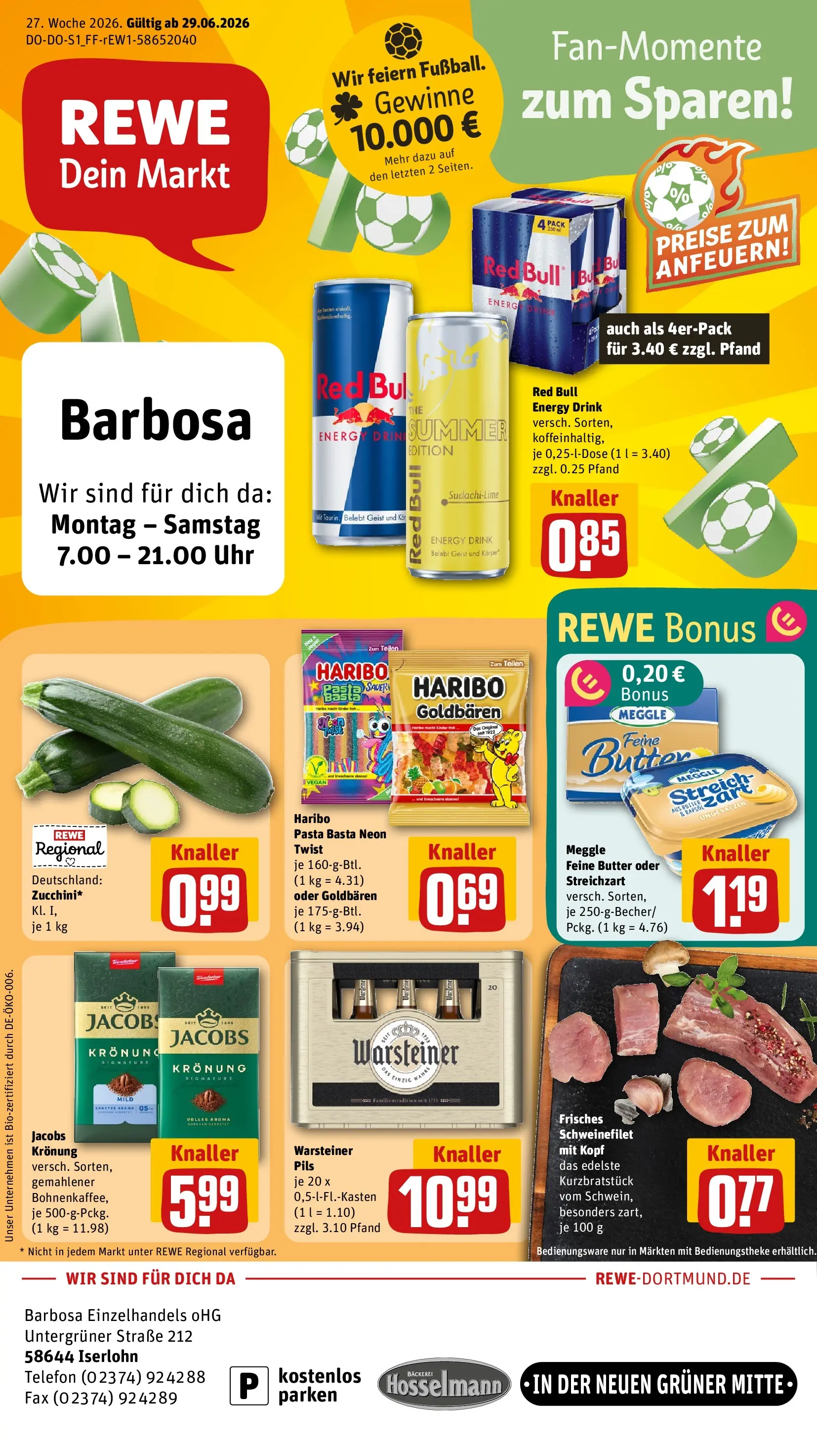 REWE Prospekt ab 29.06.2026 zum Blättern » Angebote | Seite: 1 | Produkte: Bäckerei, Warsteiner, Pasta, Uhr