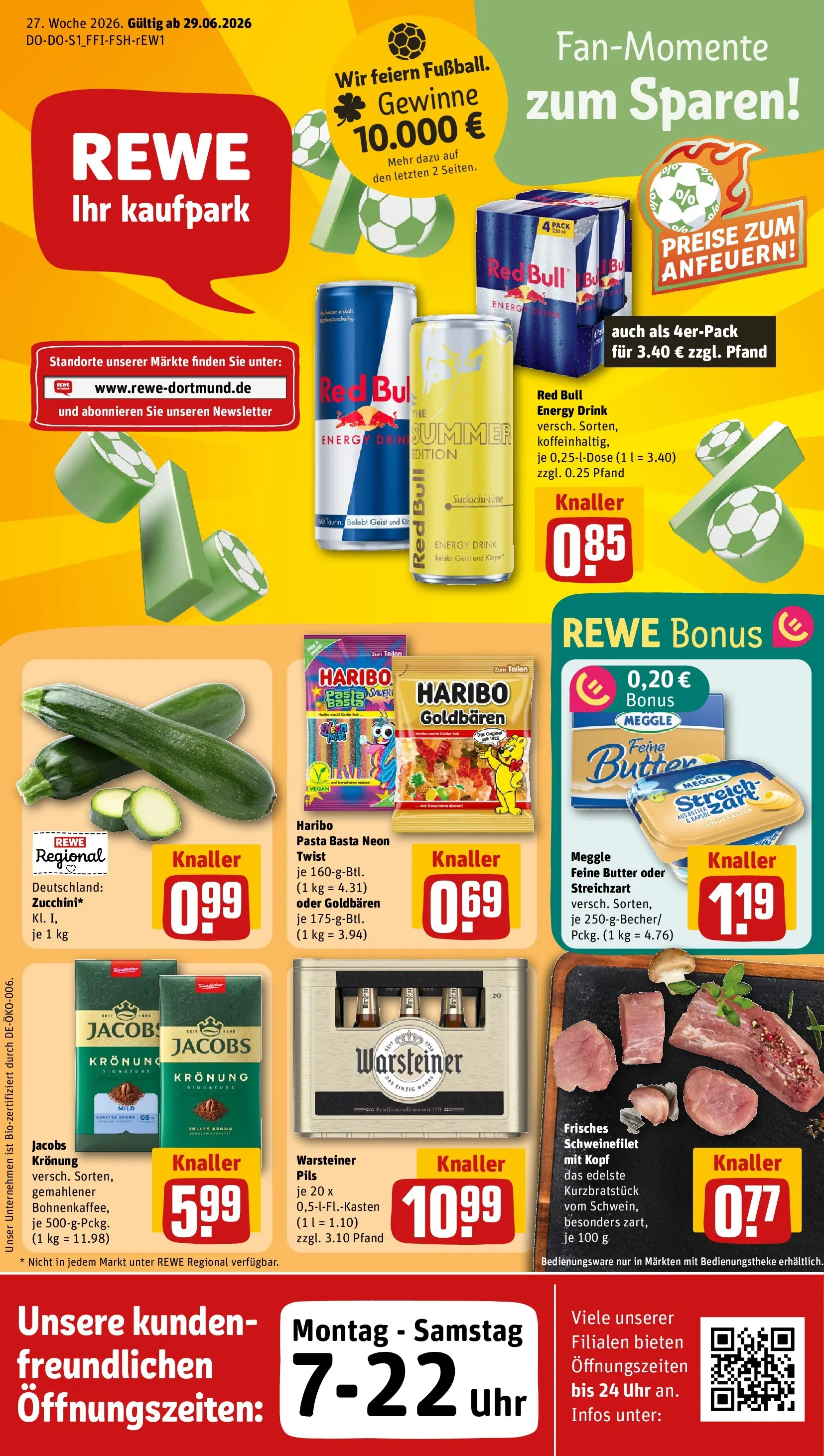 REWE Prospekt ab 29.06.2026 zum Blättern » Angebote | Seite: 1 | Produkte: Red bull, Butter, Pasta, Uhr