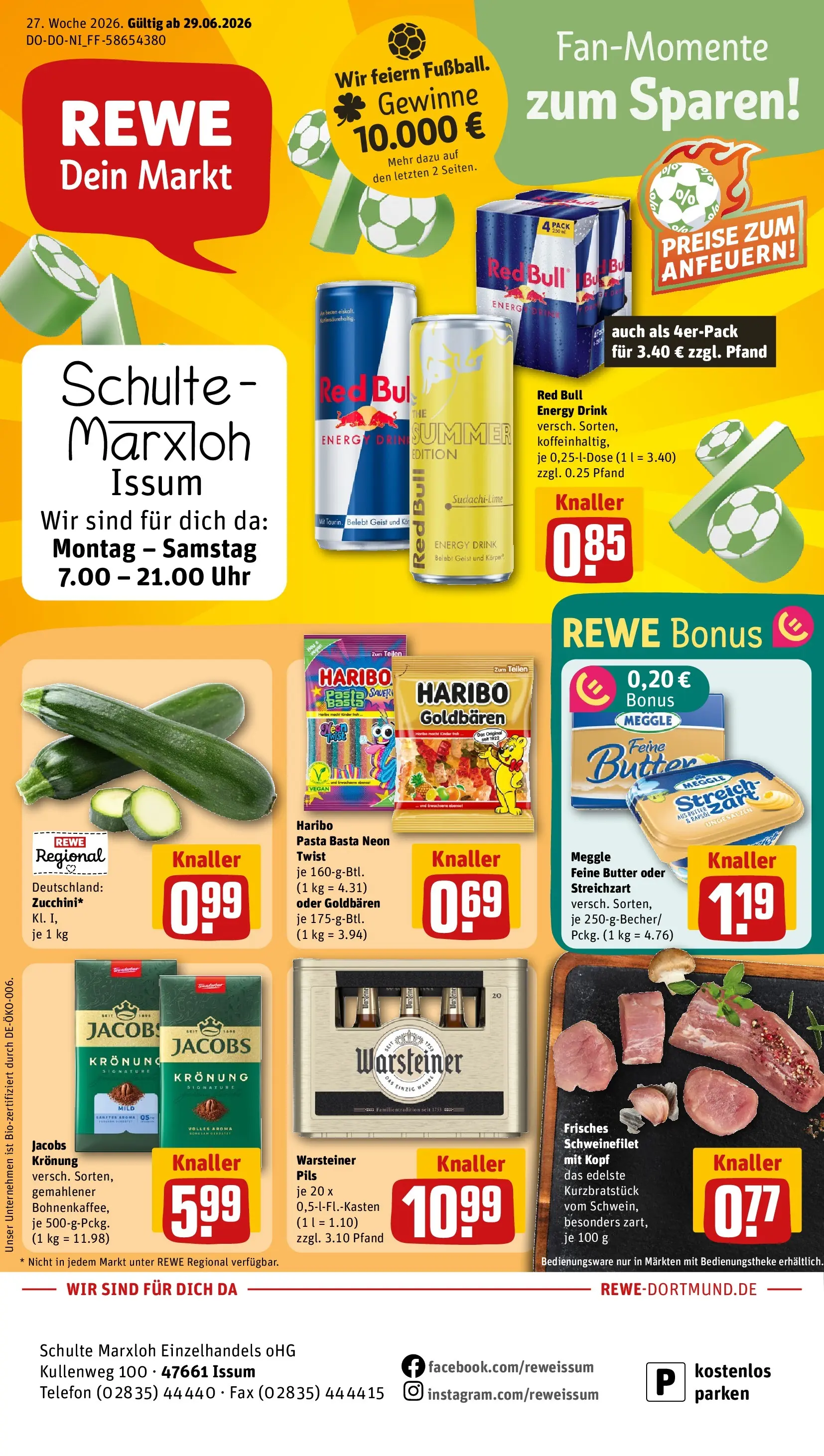 REWE Prospekt ab 29.06.2026 zum Blättern » Angebote | Seite: 1 | Produkte: Red bull, Pils, Schweinefilet, Telefon