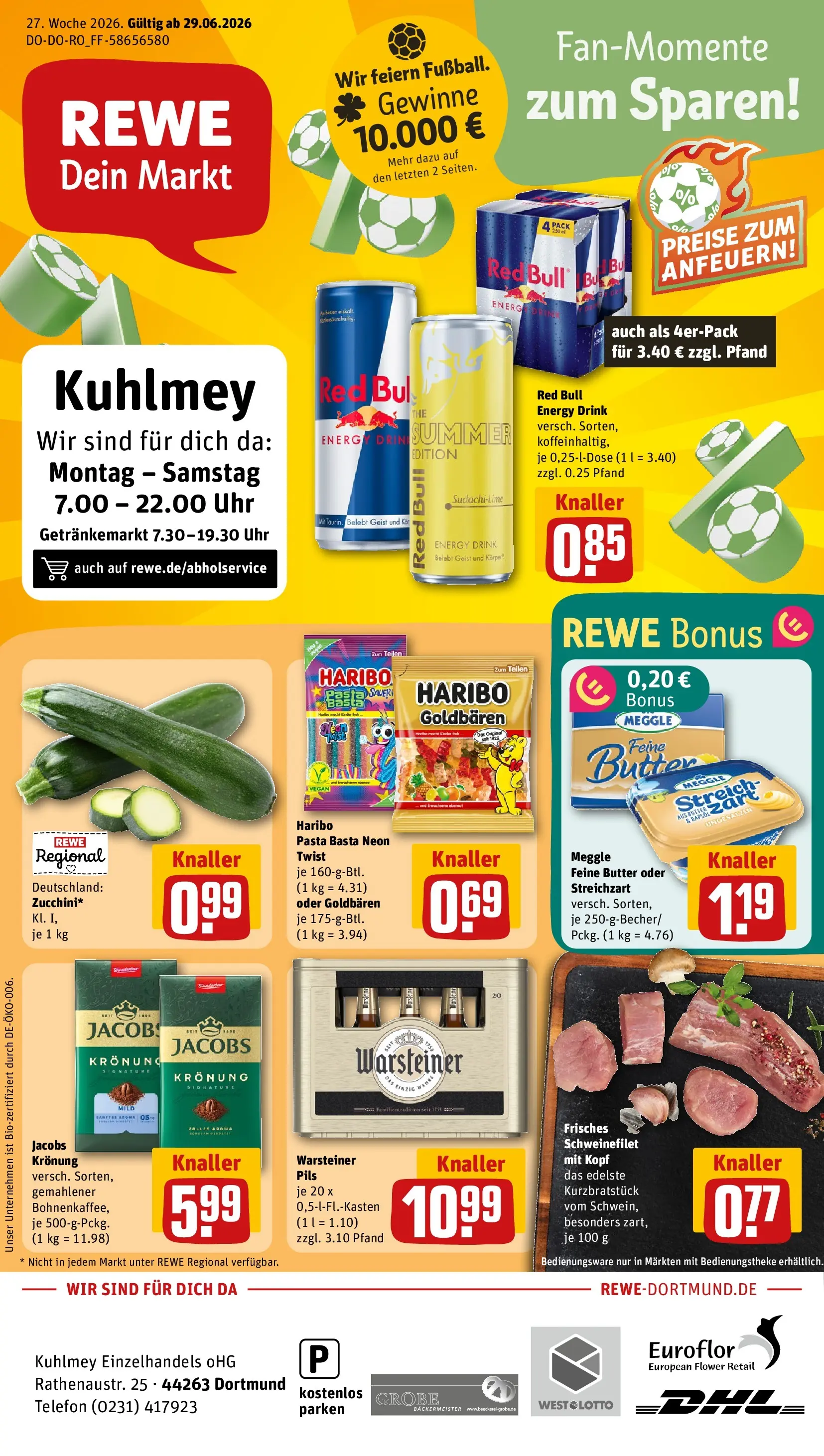 REWE Prospekt ab 29.06.2026 zum Blättern » Angebote | Seite: 1 | Produkte: Red bull, Pils, Pasta, Uhr