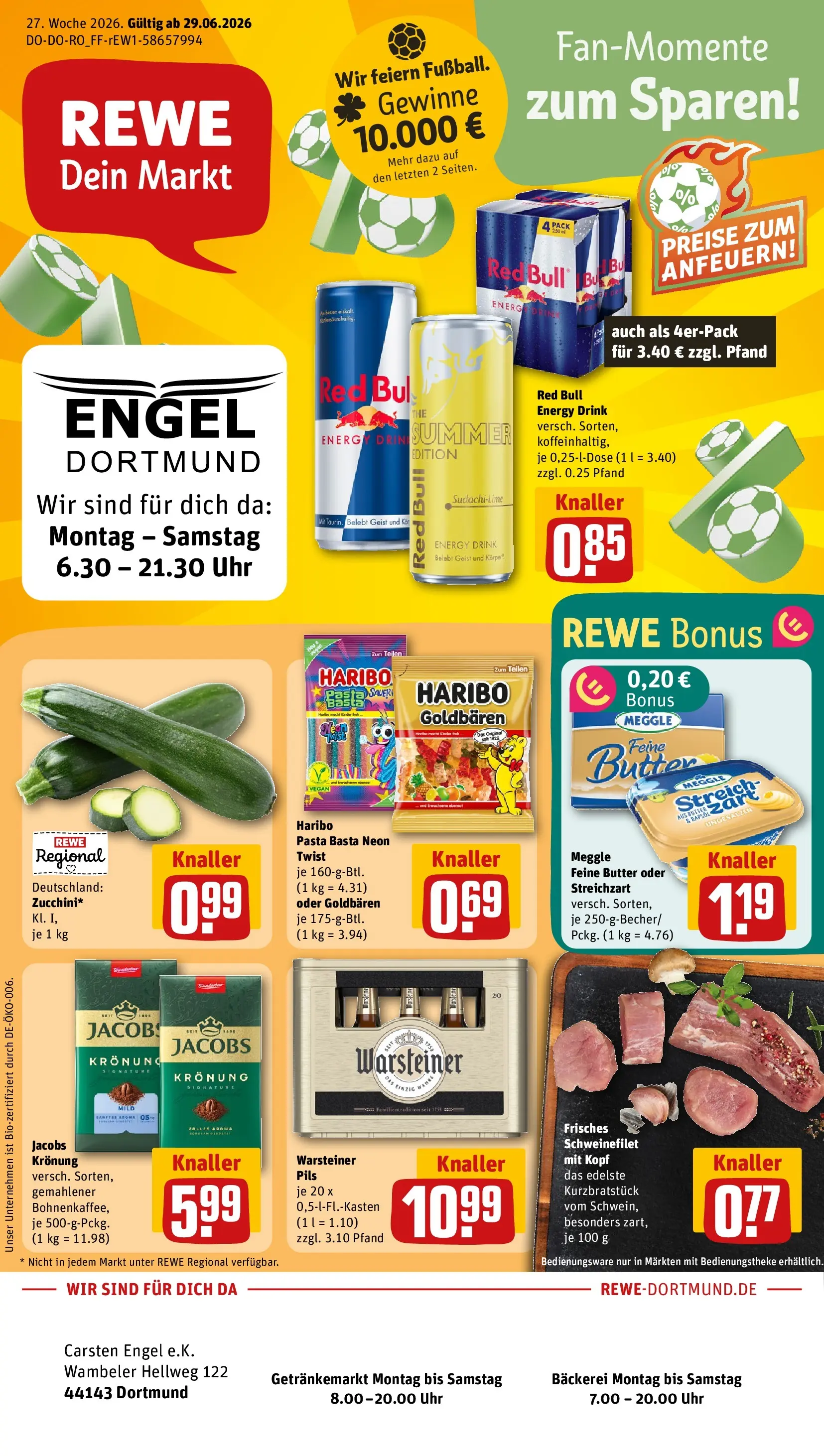 REWE Prospekt ab 29.06.2026 zum Blättern » Angebote | Seite: 1 | Produkte: Bäckerei, Red bull, Butter, Rapsöl