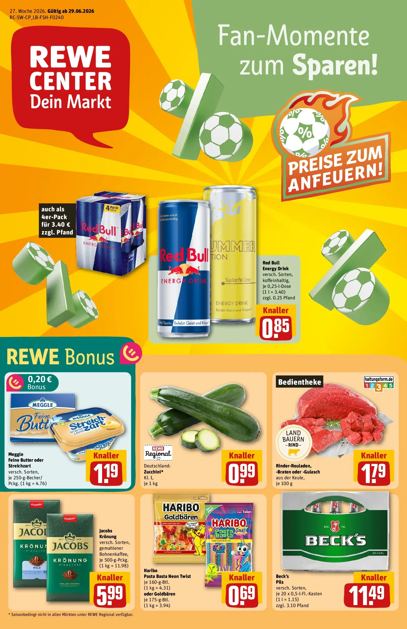REWE Prospekt ab 29.06.2026 zum Blättern » Angebote | Seite: 1 | Produkte: Red bull, Haribo, Butter, Gulasch