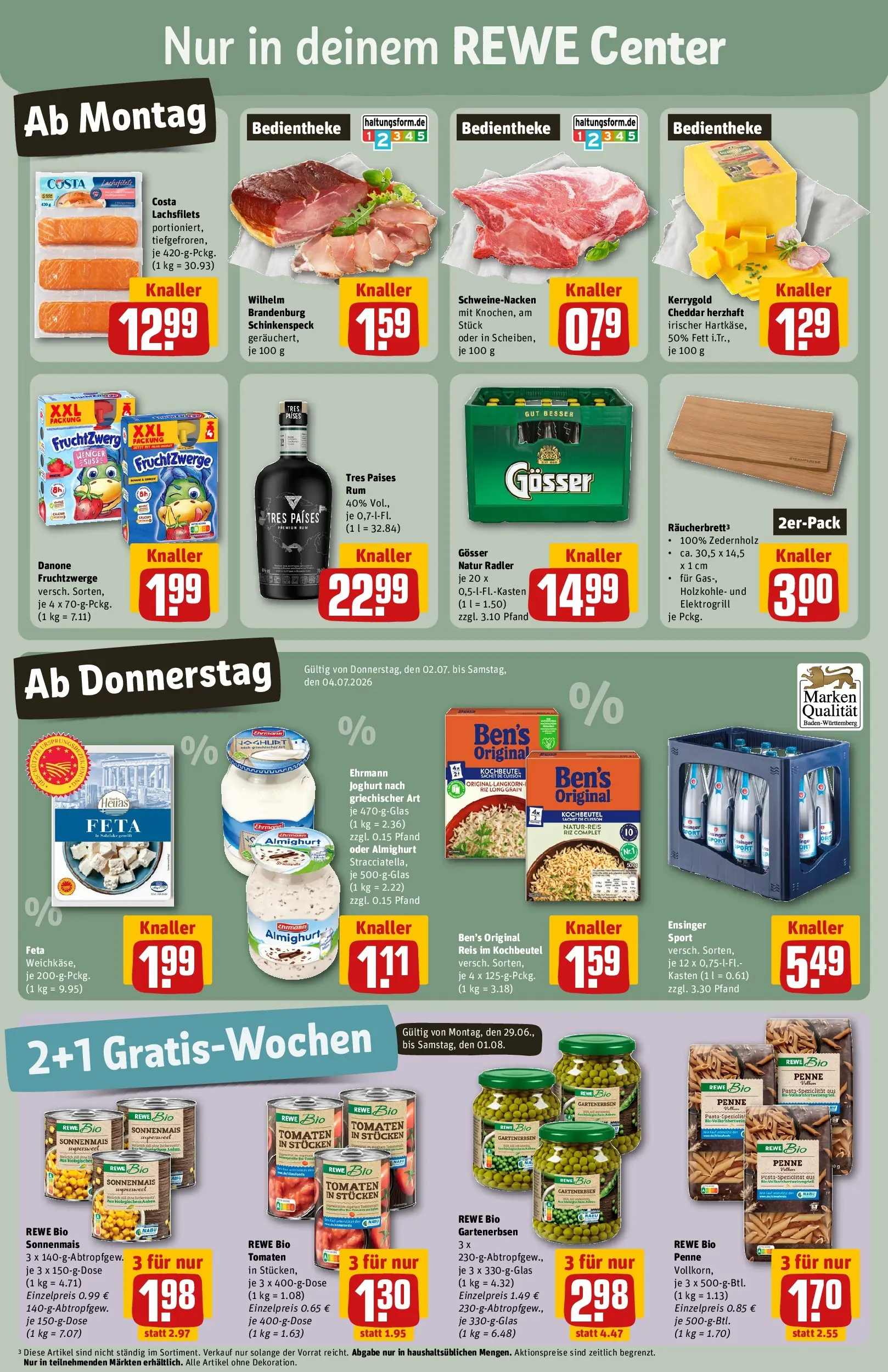 REWE Prospekt ab 29.06.2026 zum Blättern » Angebote | Seite: 3 | Produkte: Feta, Fruchtzwerge, Schweinenacken, Radler